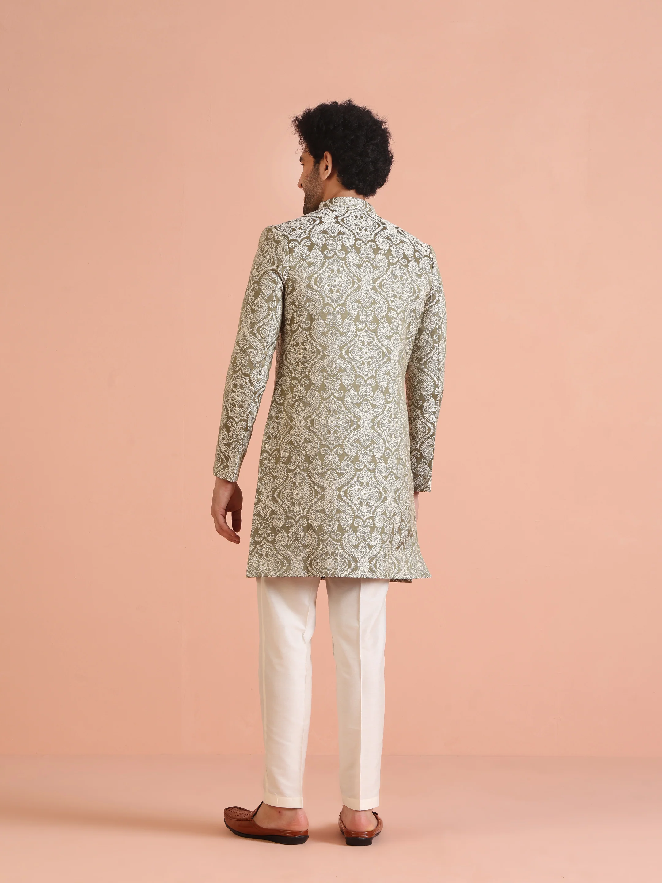 Light Green Textured Sherwani Trouser Set - Image 4
