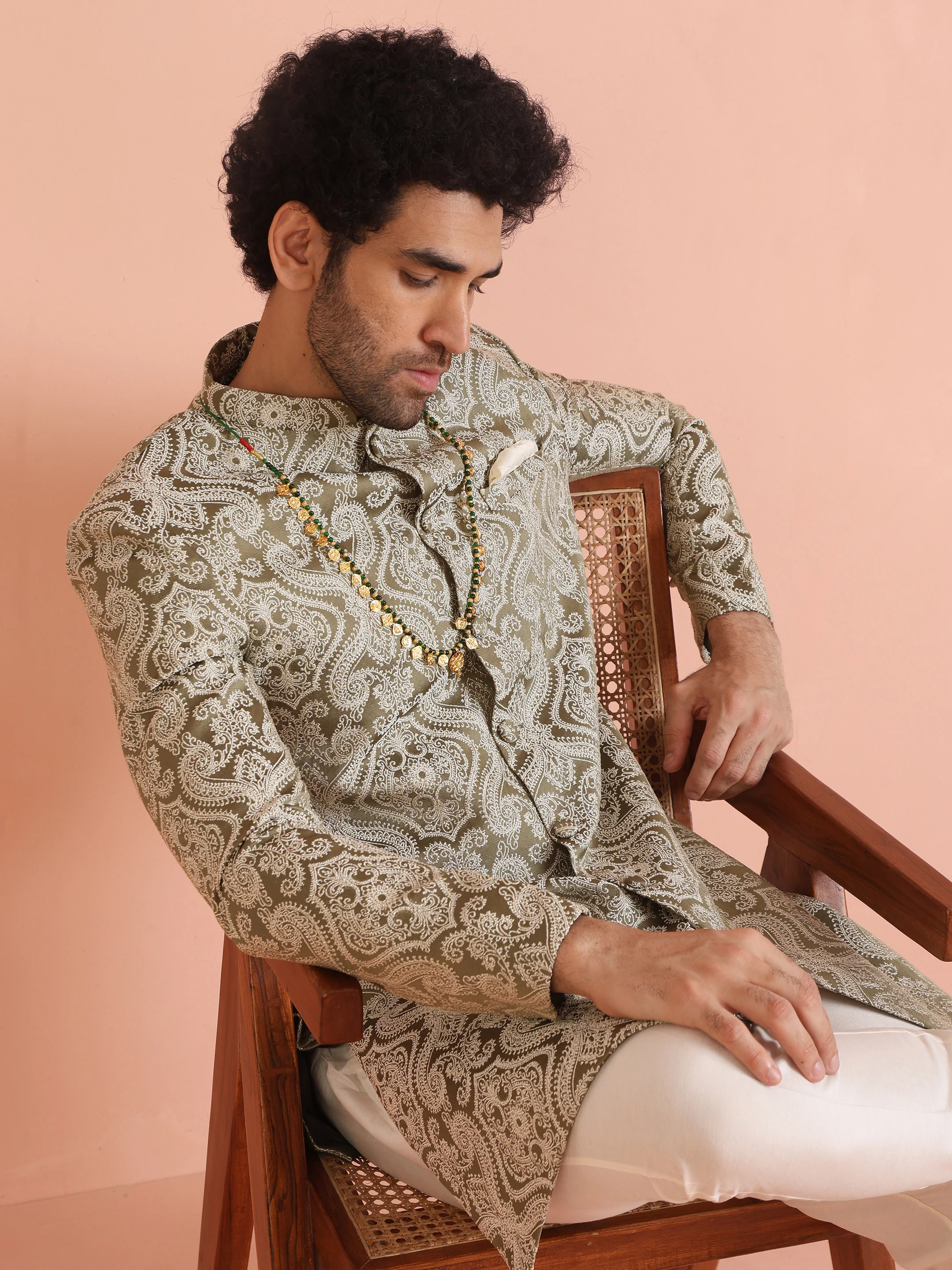 Light Green Textured Sherwani Trouser Set - Image 7