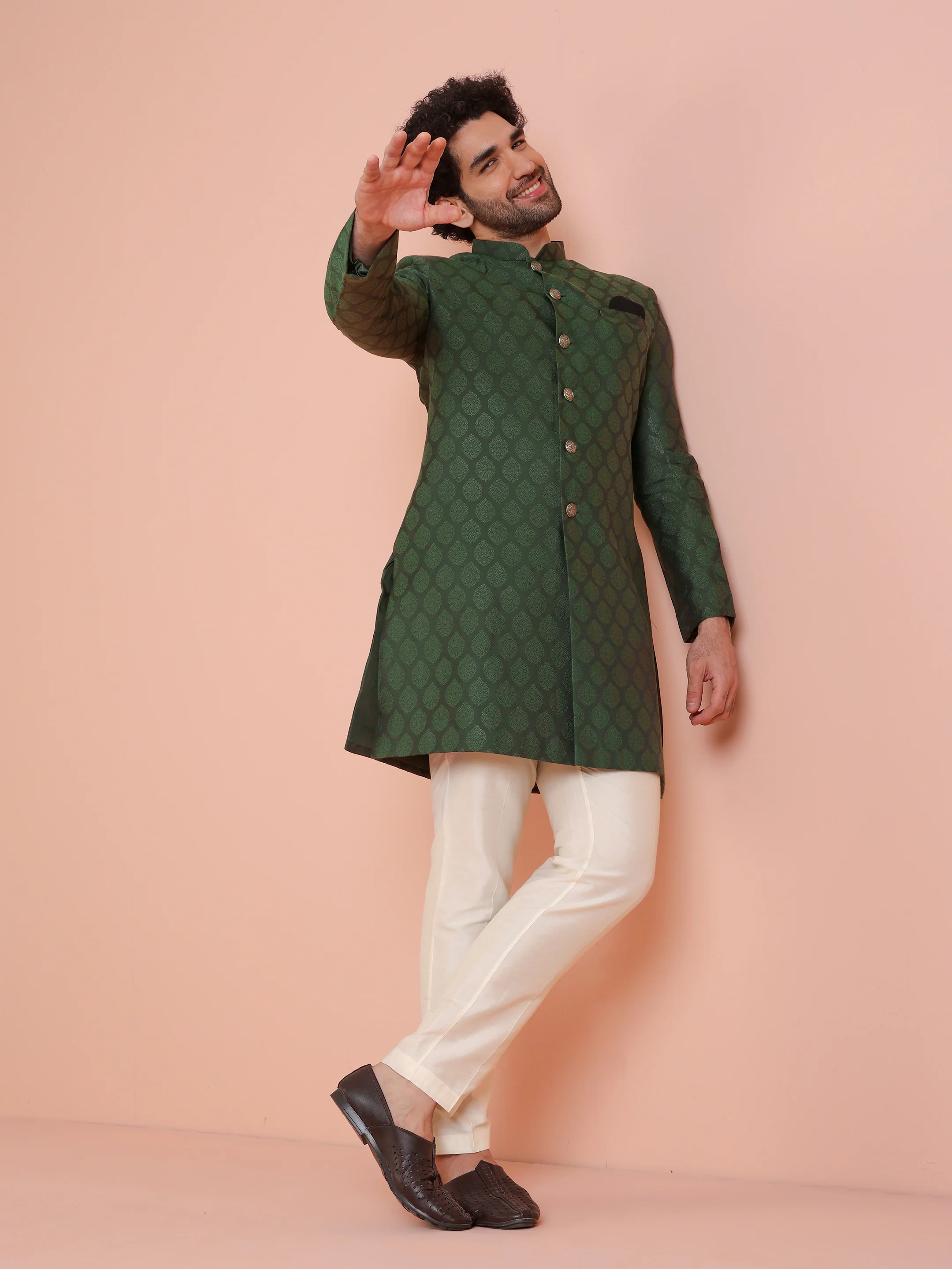 Green Silk Blend Jacquard Indowestern Achkan with Cream Trouser