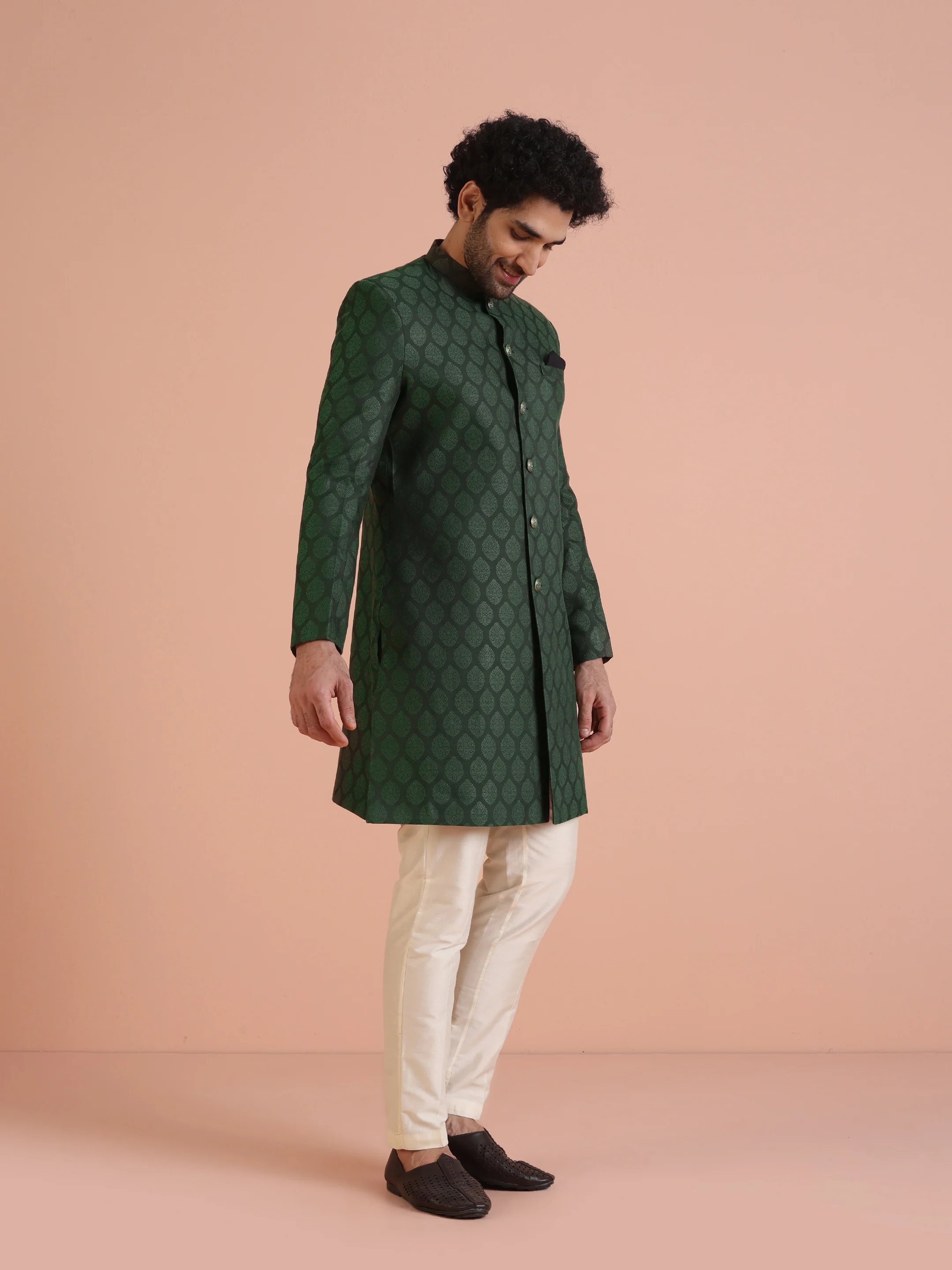 Green Silk Blend Jacquard Indowestern Achkan with Cream Trouser - Image 3