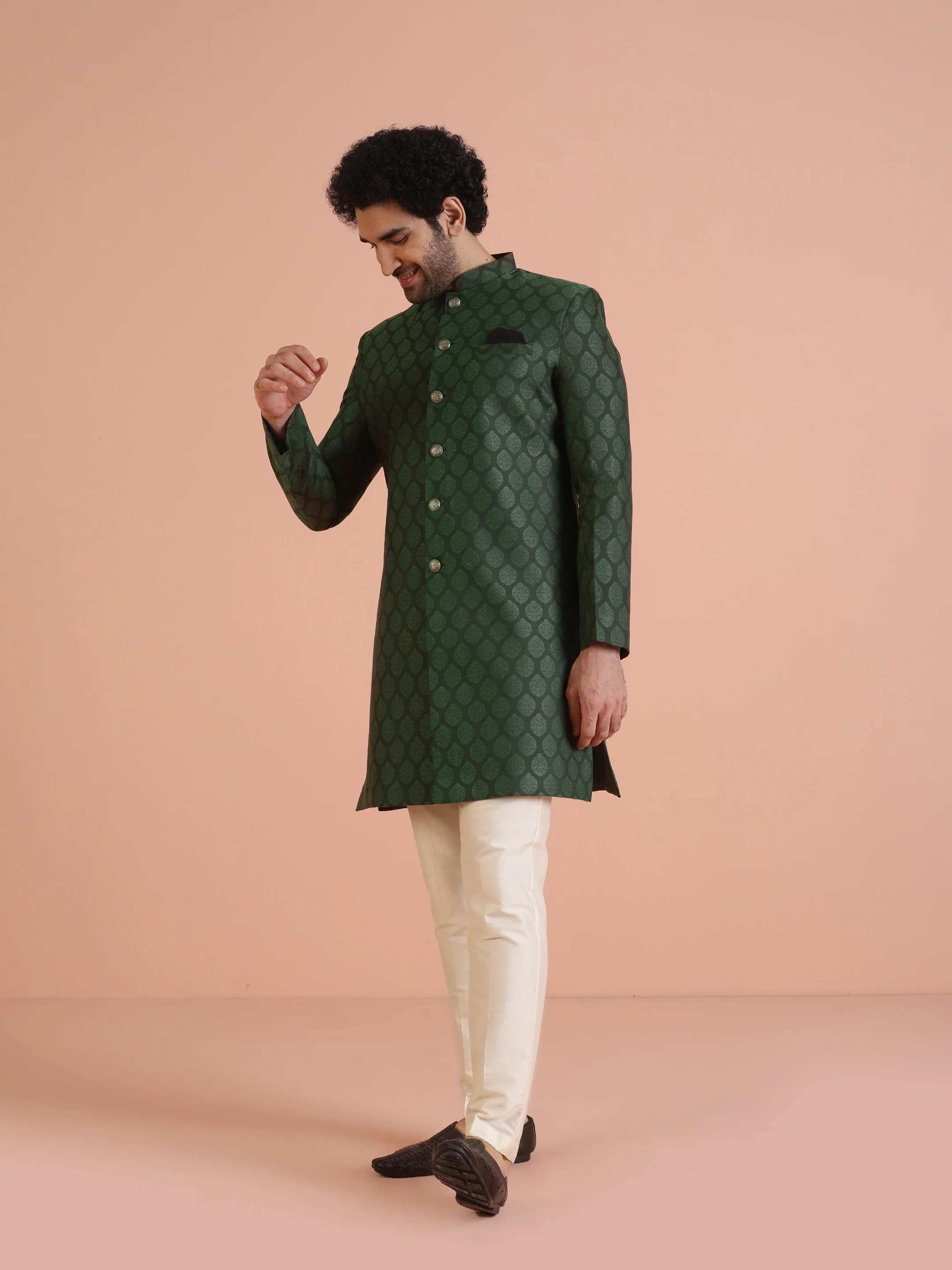 Green Silk Blend Jacquard Indowestern Achkan with Cream Trouser - Image 4