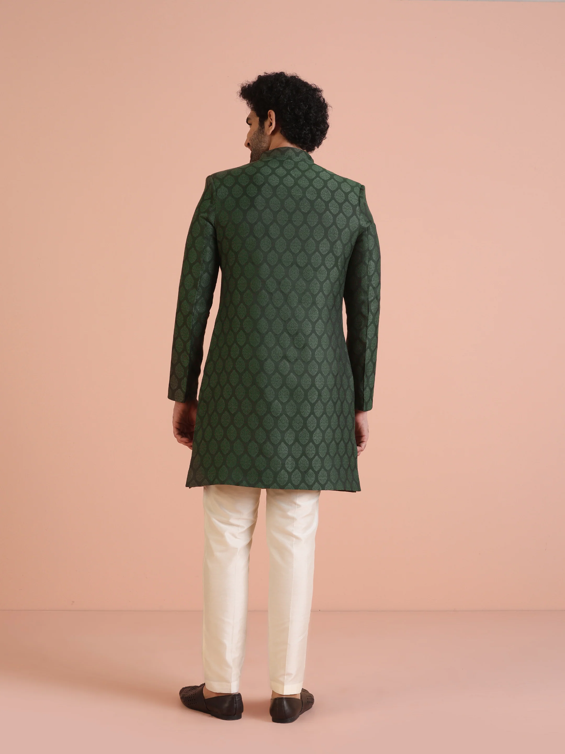 Green Silk Blend Jacquard Indowestern Achkan with Cream Trouser - Image 5