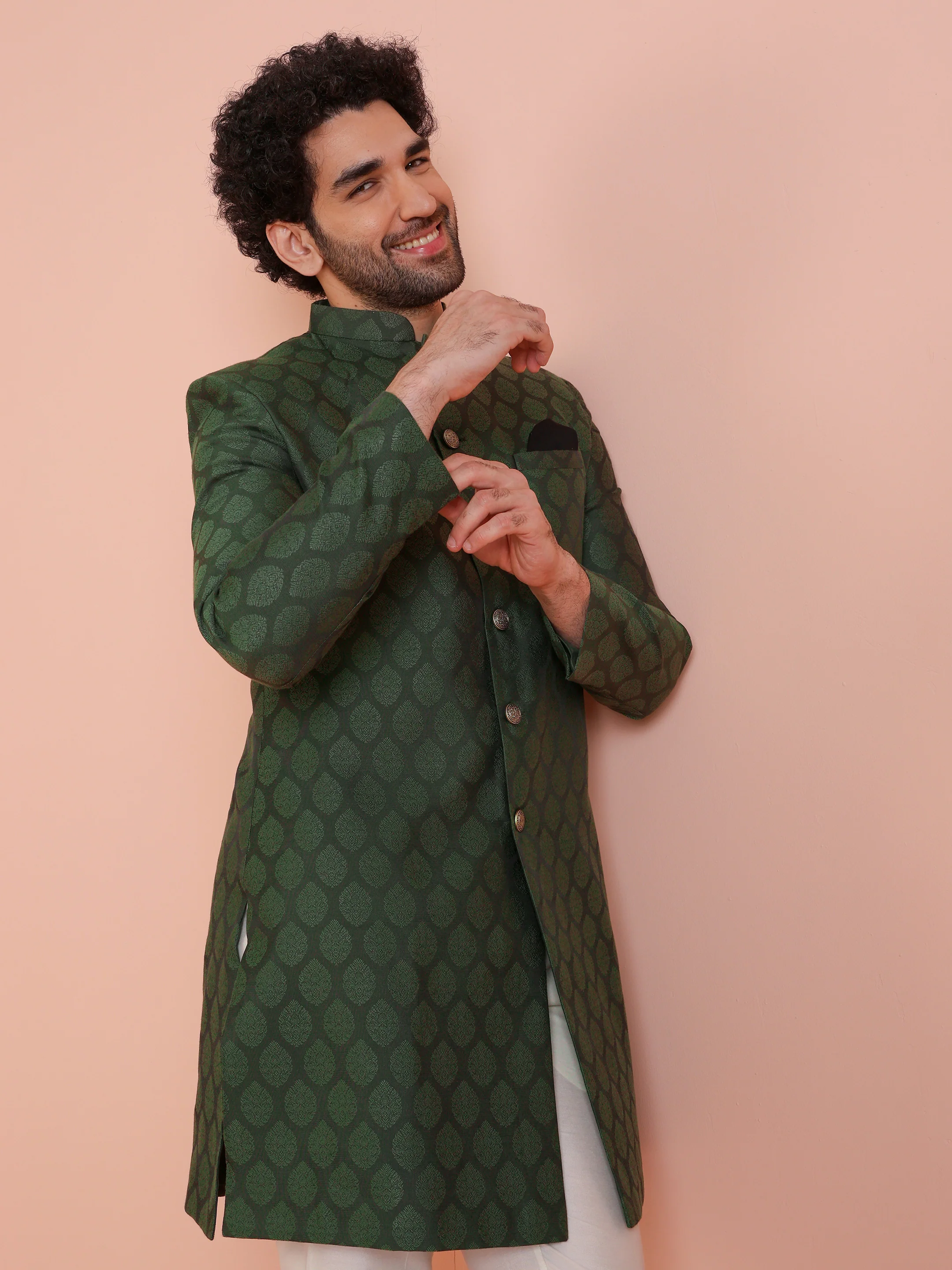Green Silk Blend Jacquard Indowestern Achkan with Cream Trouser - Image 6