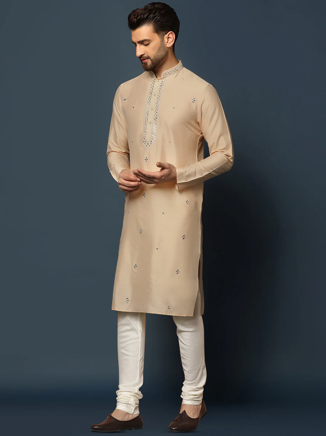 Beige Silk Blend Mirror Work Kurta Churidar - Image 2