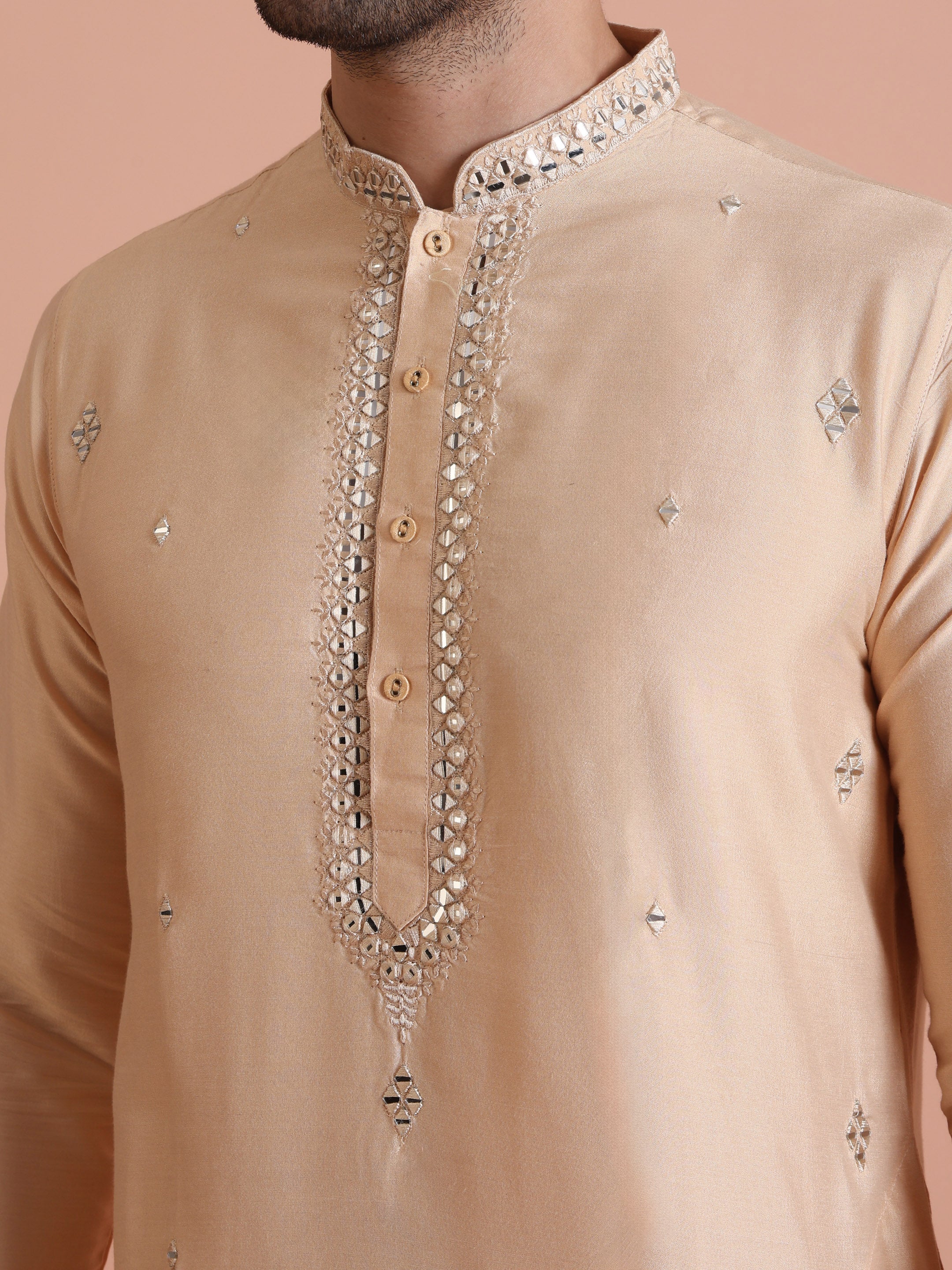 Beige Silk Blend Mirror Work Kurta Dhoti - Image 5