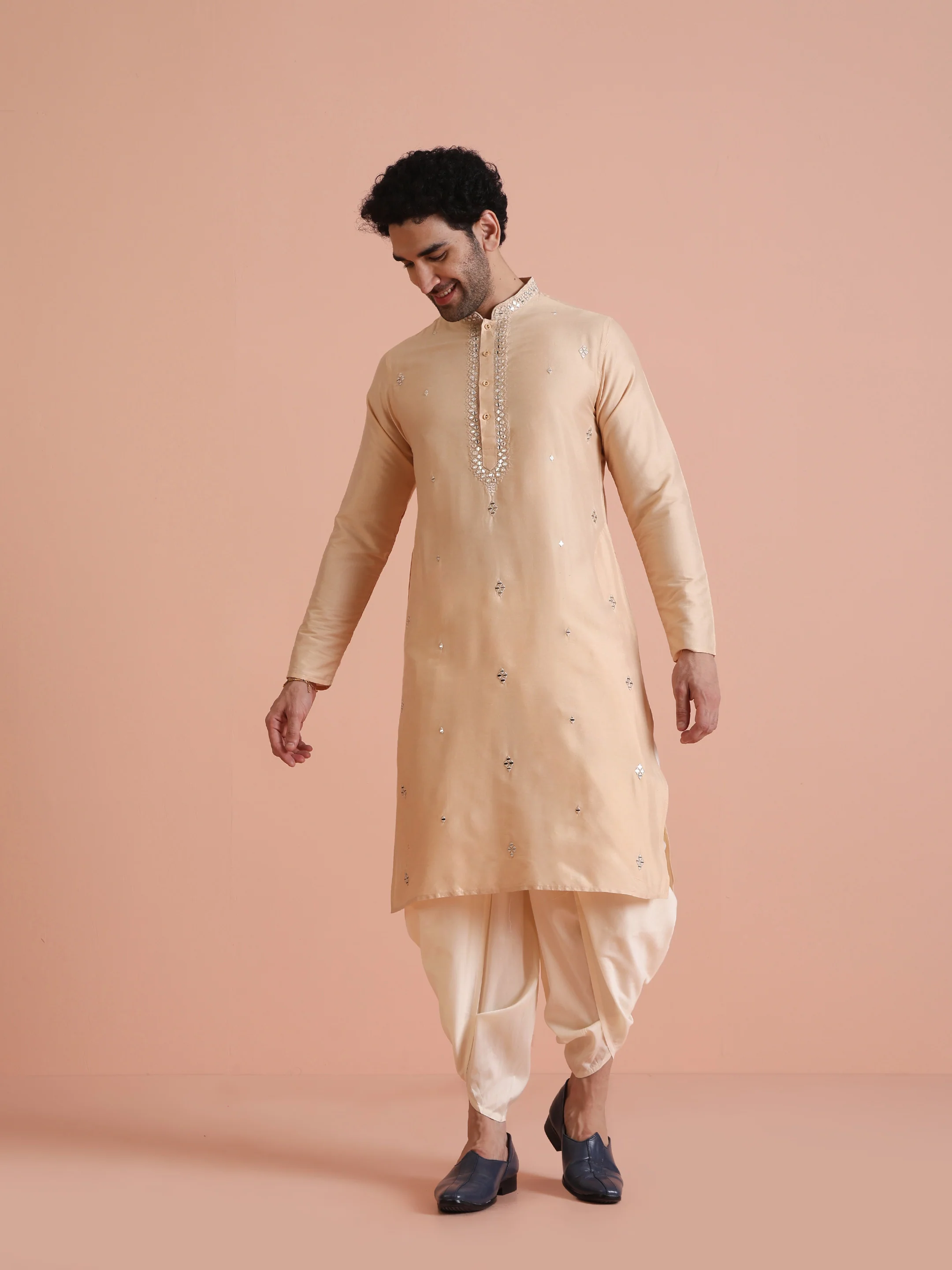 Beige Silk Blend Mirror Work Kurta Dhoti - Image 7