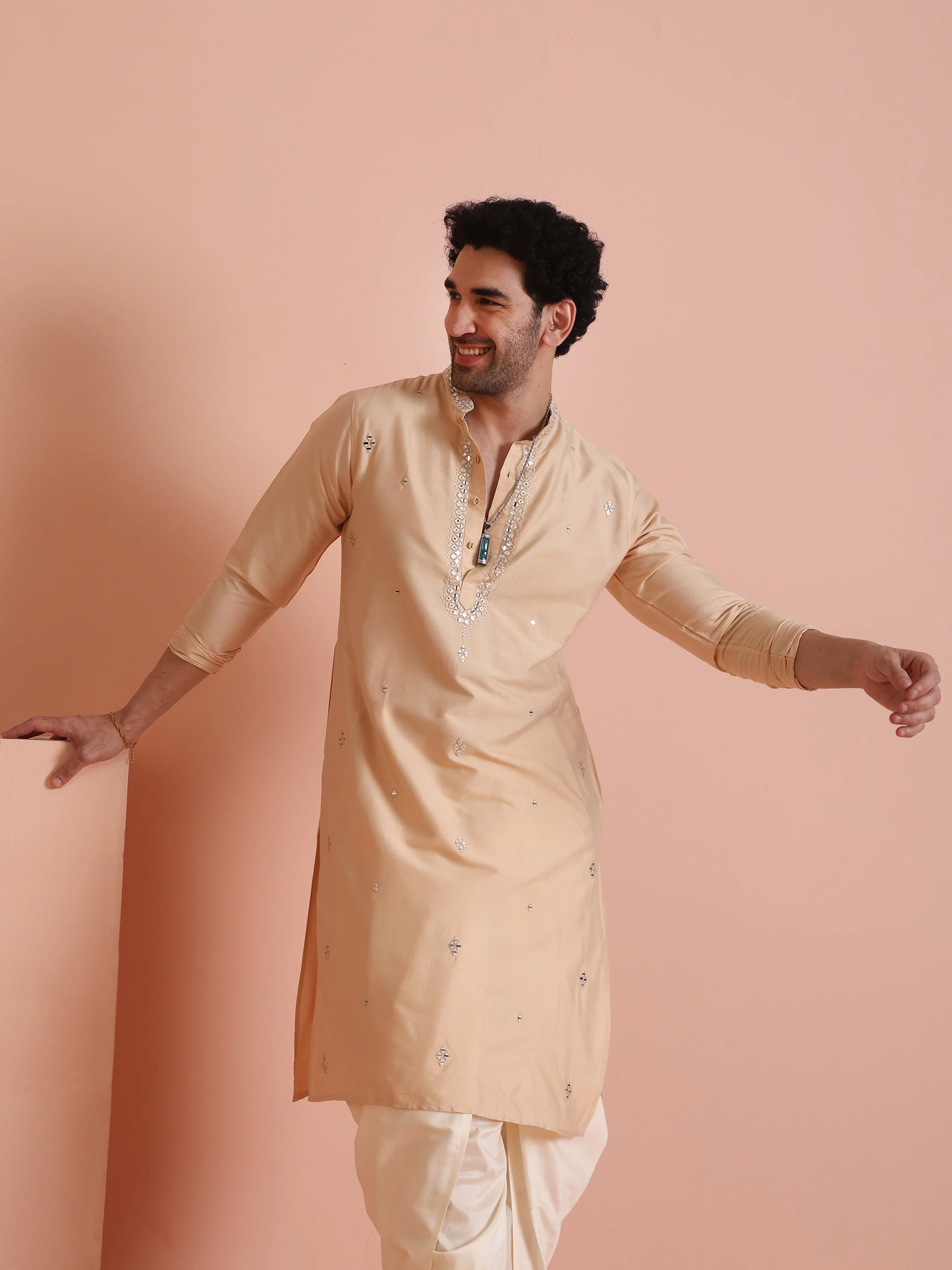Beige Silk Blend Mirror Work Kurta Dhoti - Image 8