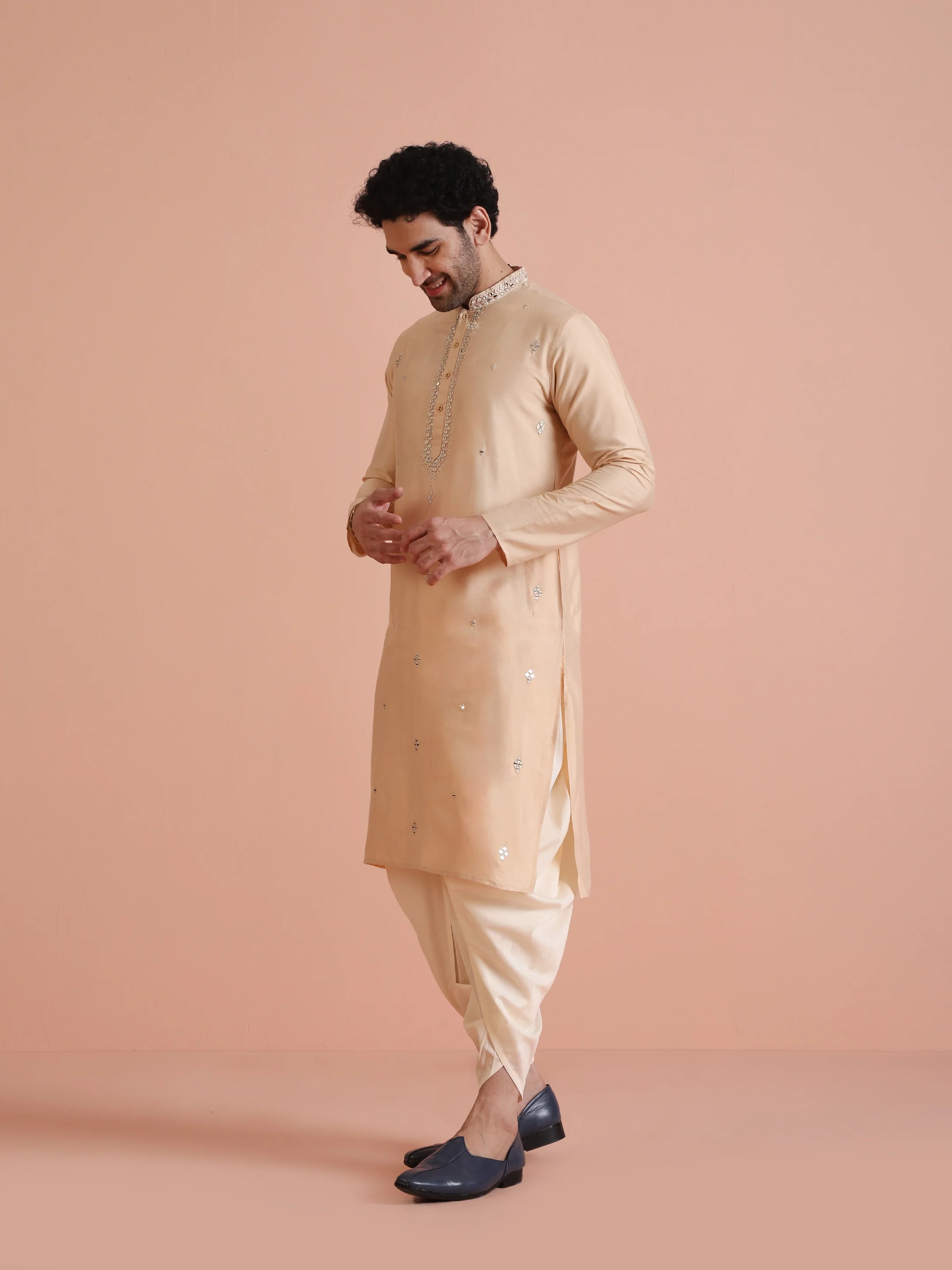 Beige Silk Blend Mirror Work Long Kurta - Image 3