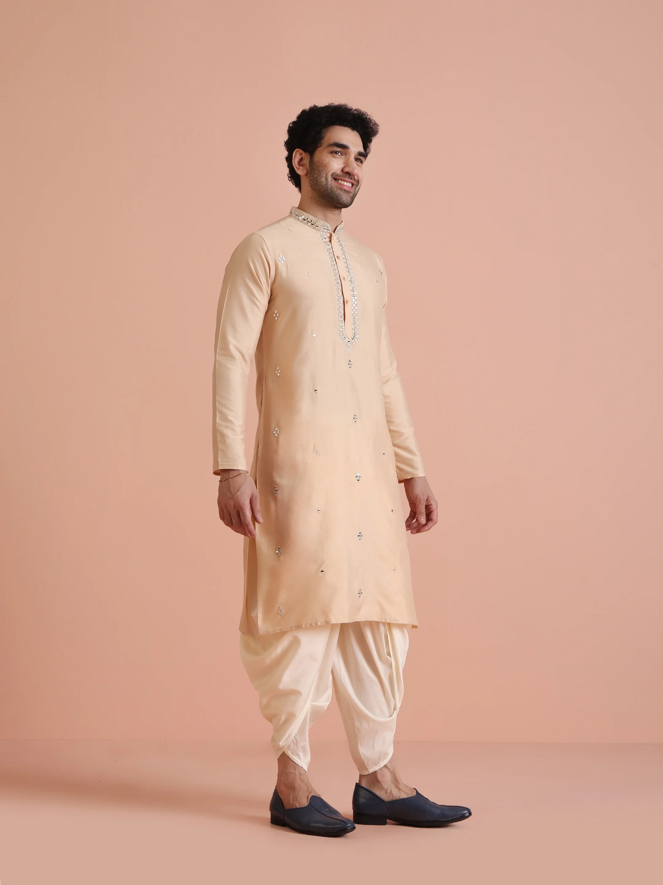 Beige Silk Blend Mirror Work Long Kurta - Image 4