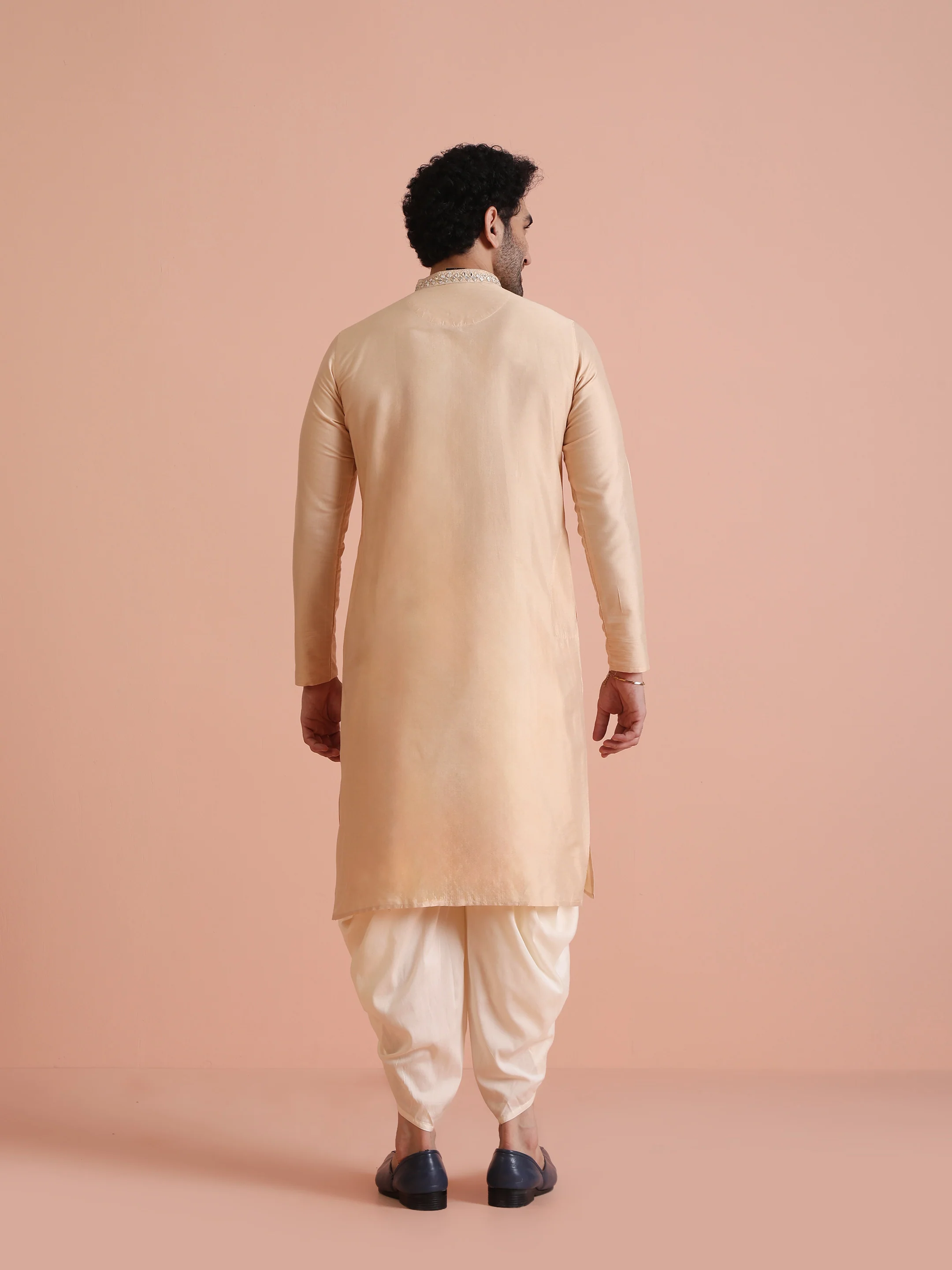 Beige Silk Blend Mirror Work Long Kurta - Image 5