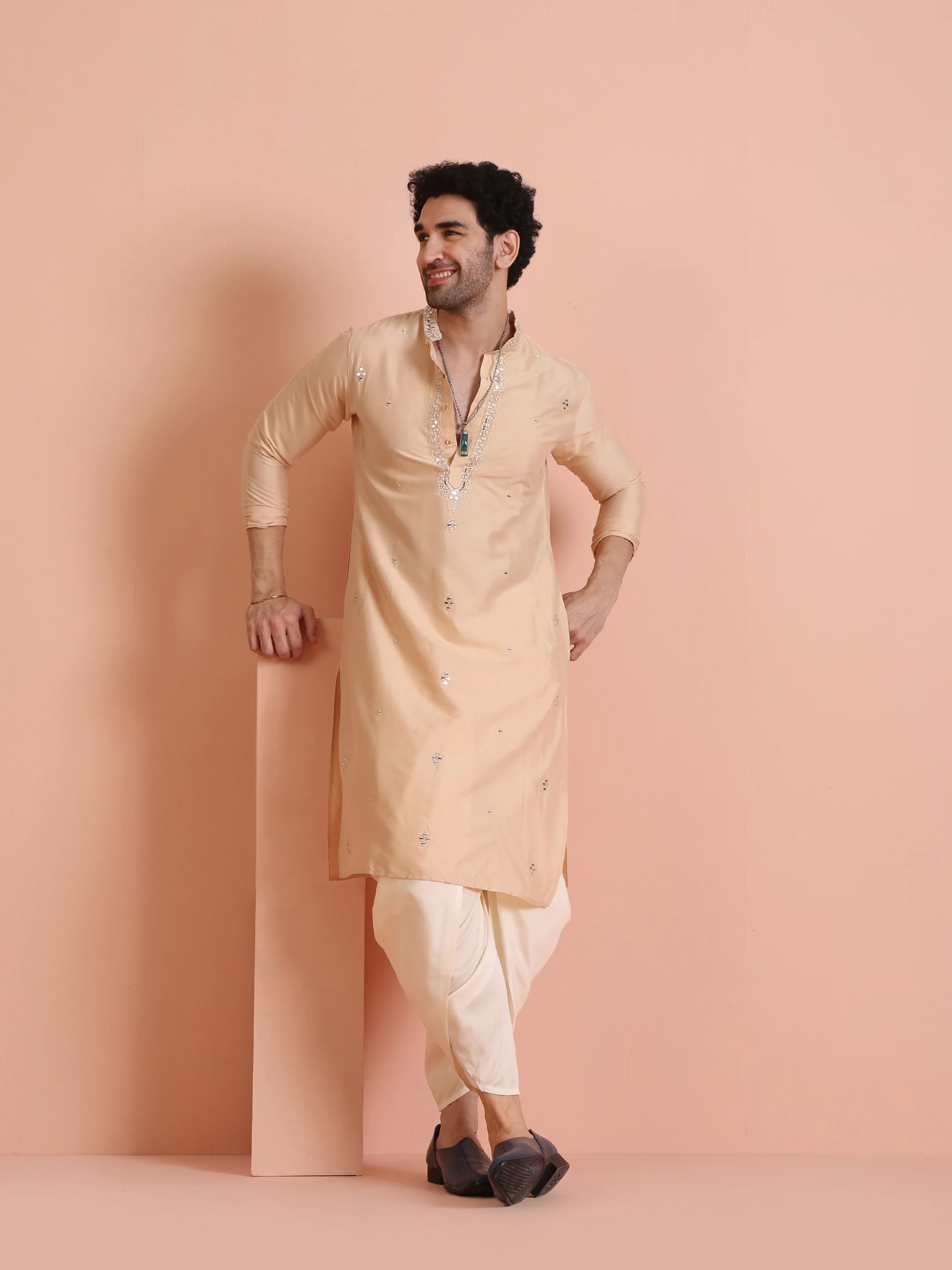 Beige Silk Blend Mirror Work Long Kurta - Image 7