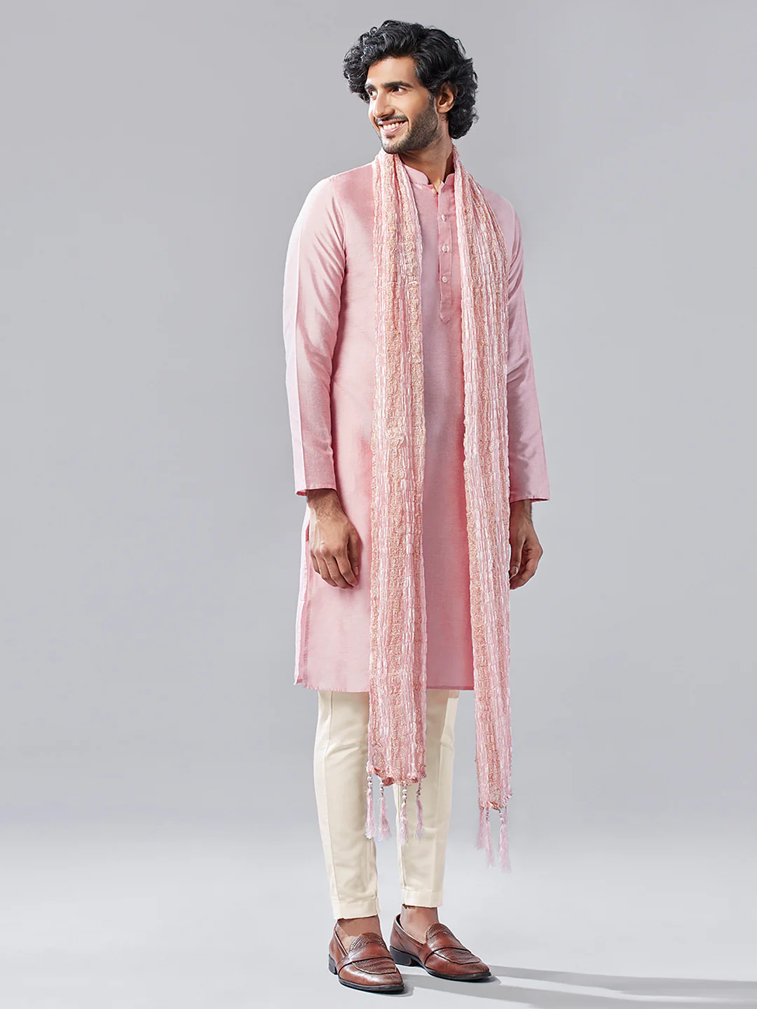 Pink Indo-Western Kurta Trouser Set with Dupatta - Image 2