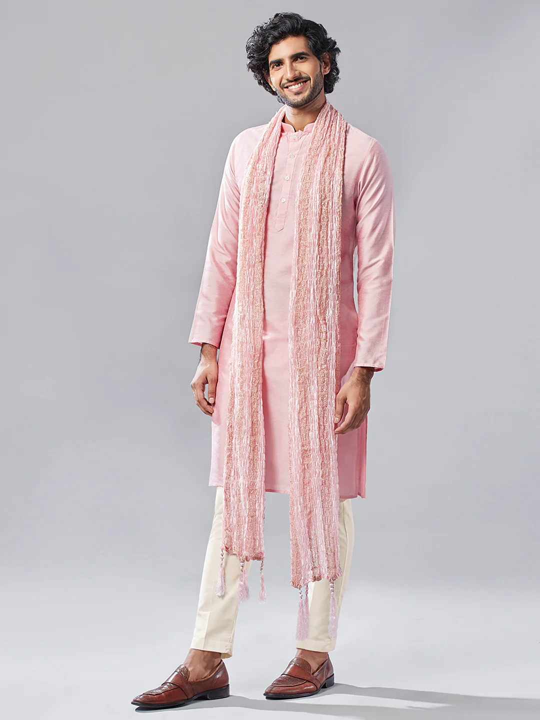 Pink Indo-Western Kurta Trouser Set with Dupatta - Image 3