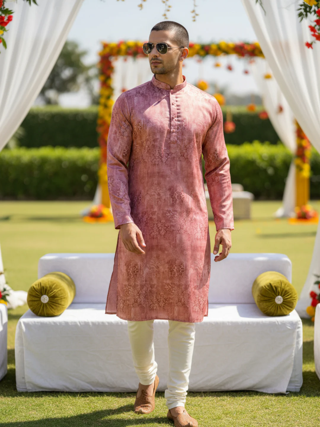 Men's Pink Kurta Churidar Set - Image 2