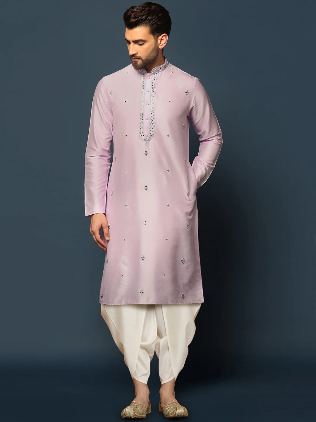 Men Light Pink Mirror Work Embellished Kurta Dhoti Set â€“ Classic Festive Wear - Image 2