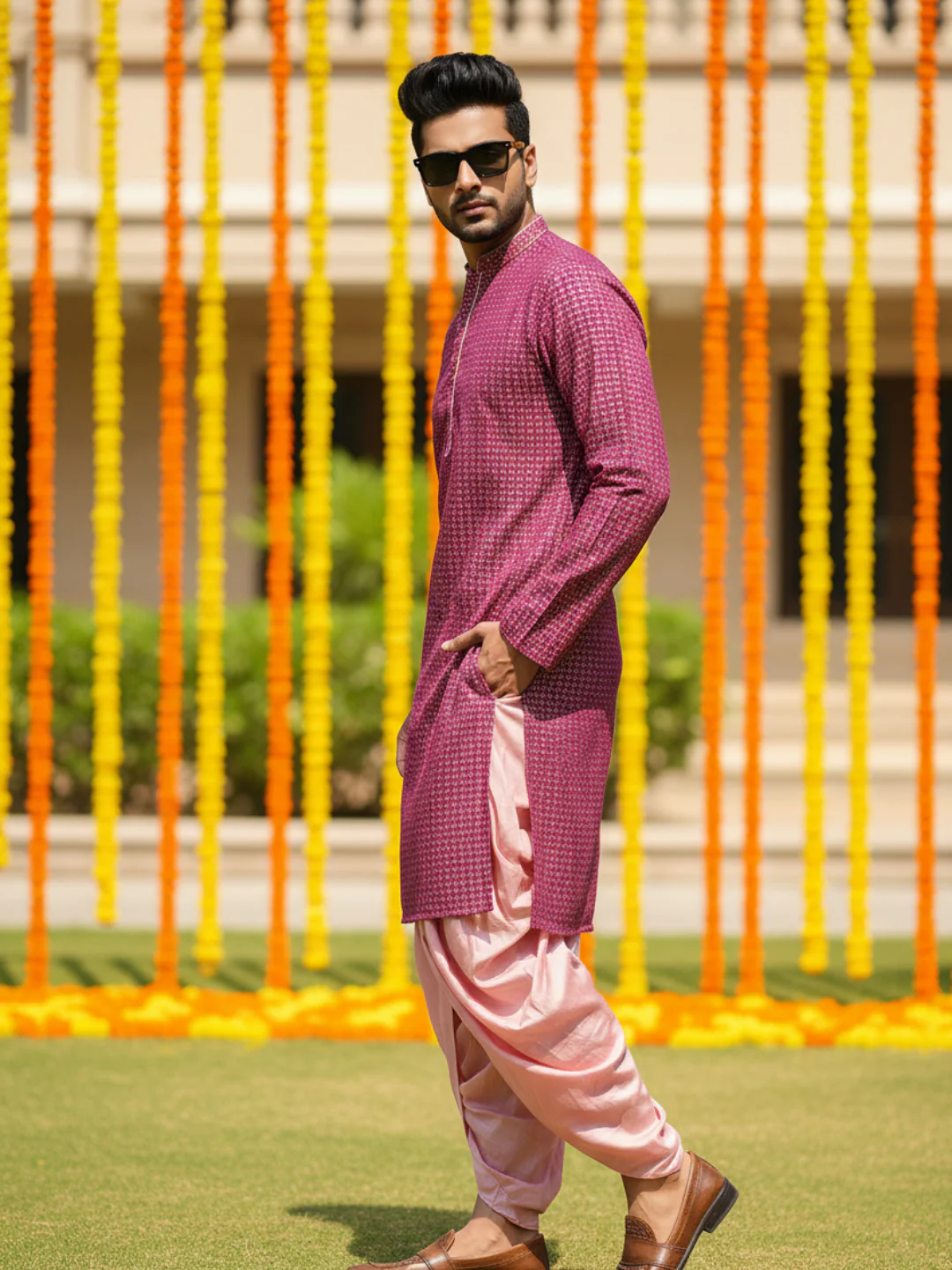 Men's Pink Kurta Dhoti Set - Image 2