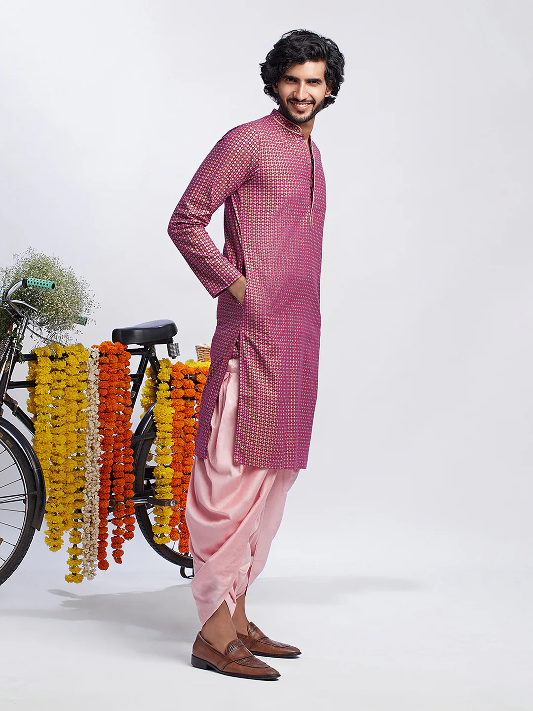 Men's Pink Kurta Dhoti Set - Image 3