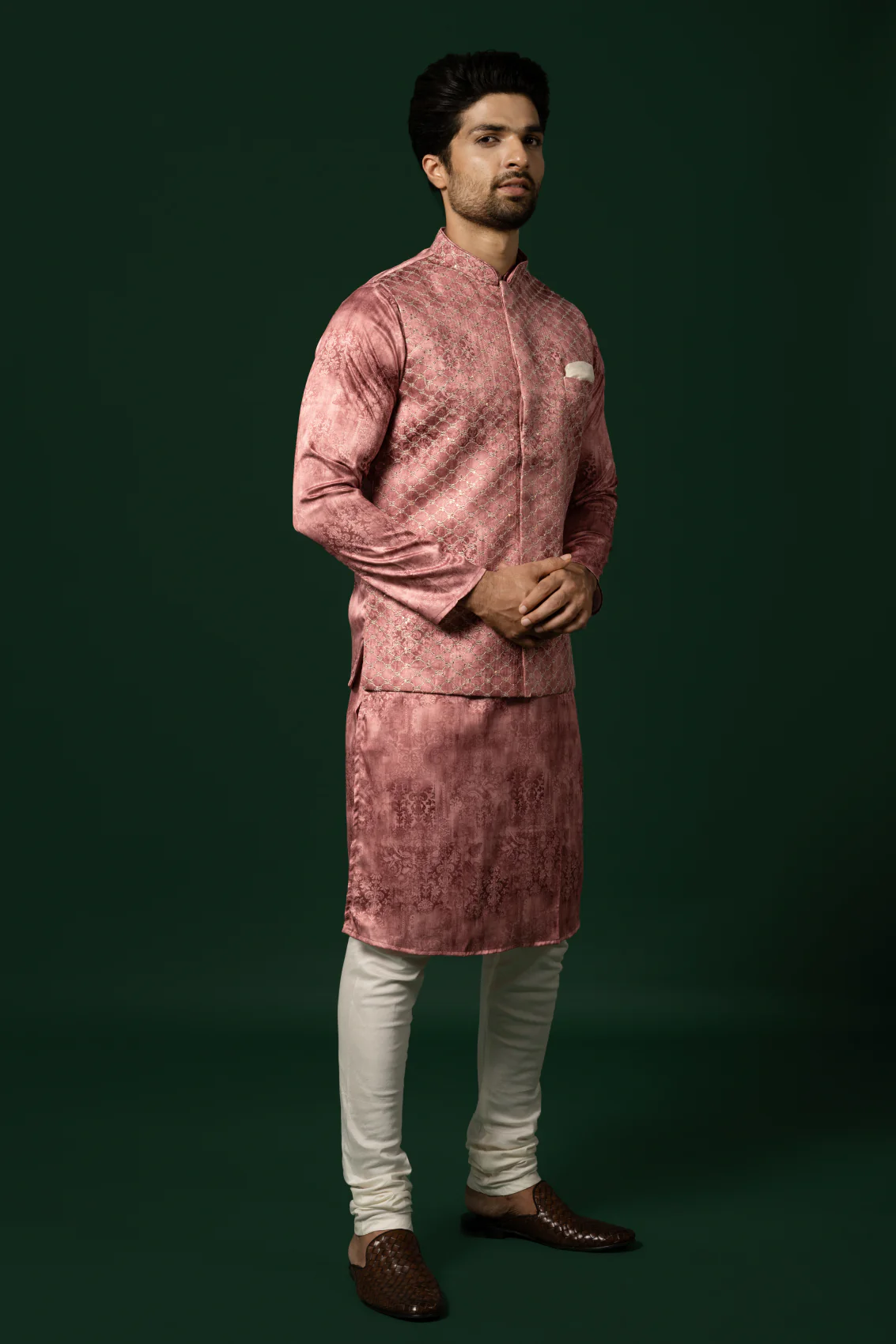 Pink Silk Woven Nehru Jacket Kurta Churidar - Image 2