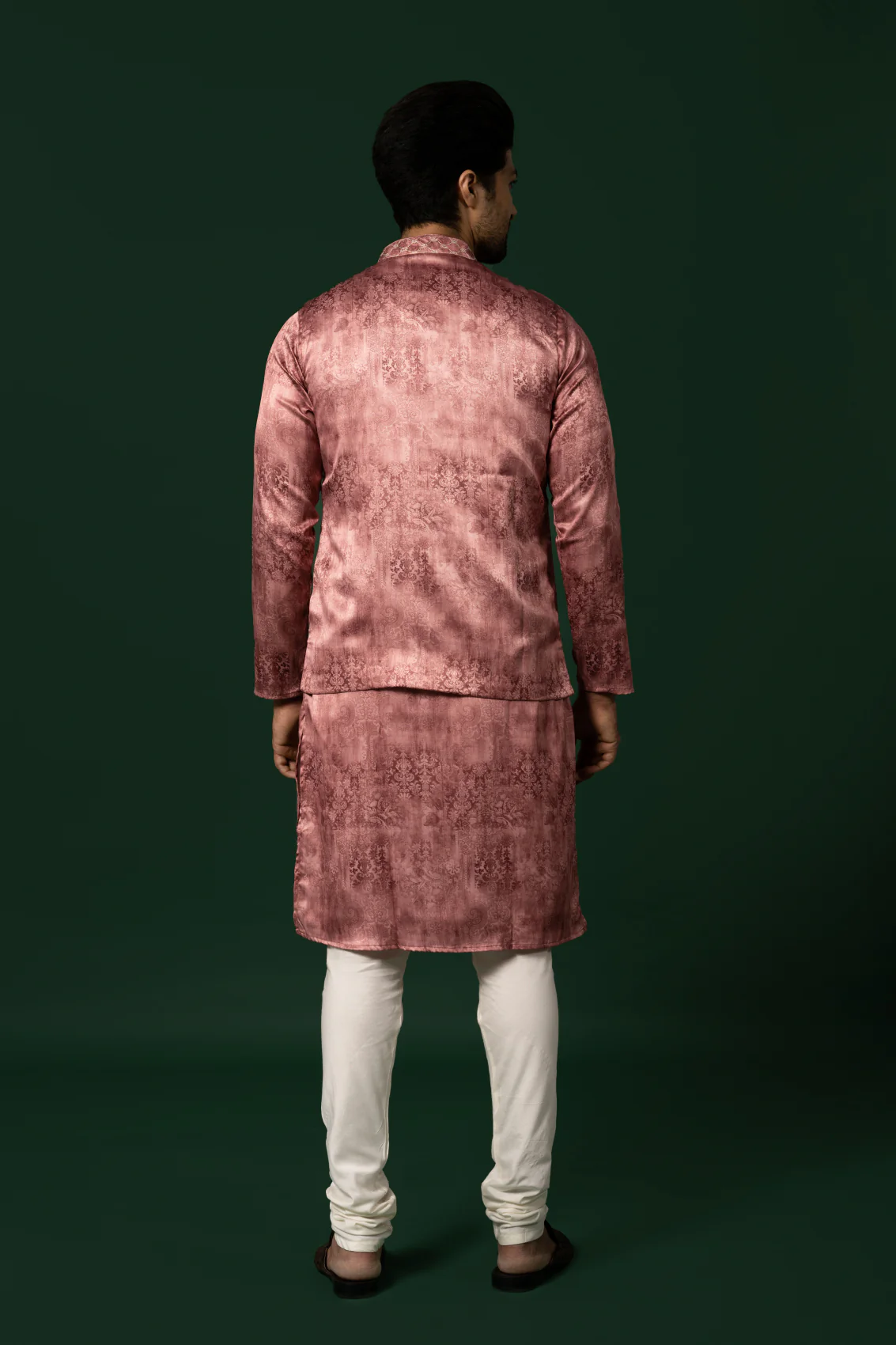 Pink Silk Woven Nehru Jacket Kurta Churidar - Image 4