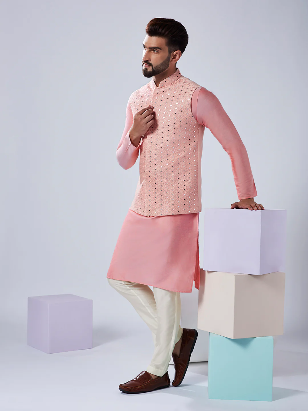 Peach Silk Mirror Work Nehru Jacket Kurta Trouser - Image 2