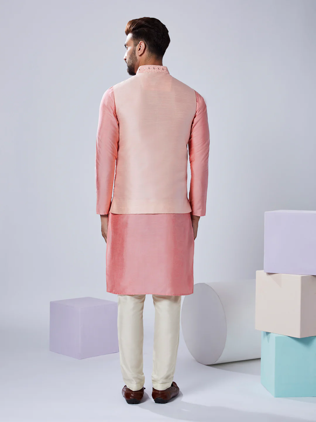 Peach Silk Mirror Work Nehru Jacket Kurta Trouser - Image 4