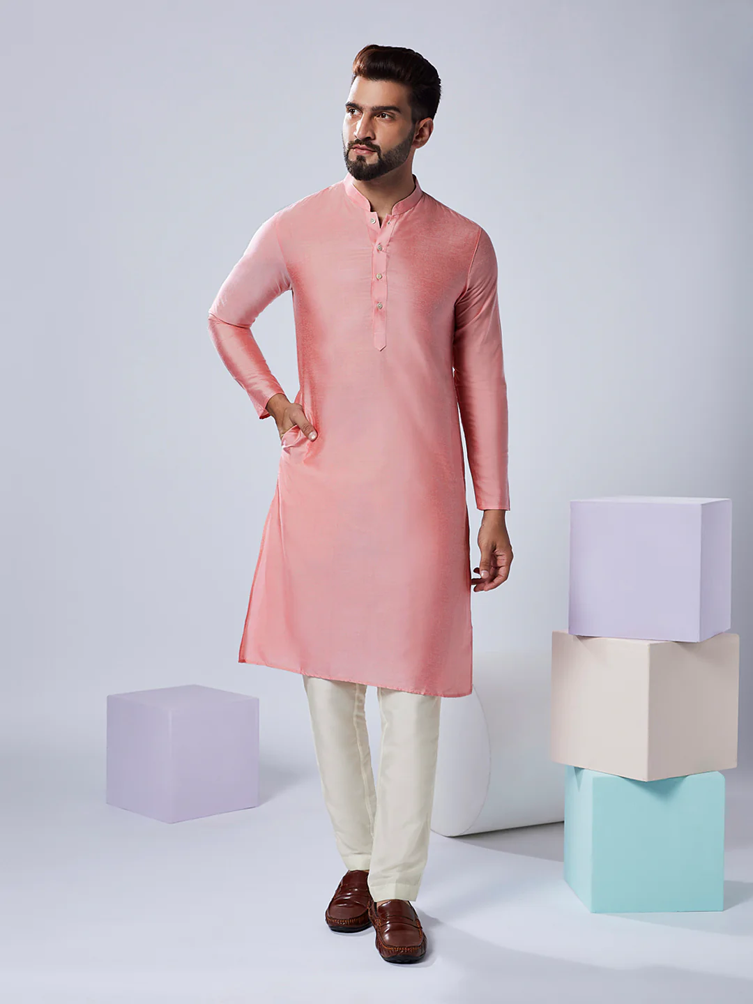 Peach Silk Mirror Work Nehru Jacket Kurta Trouser - Image 5