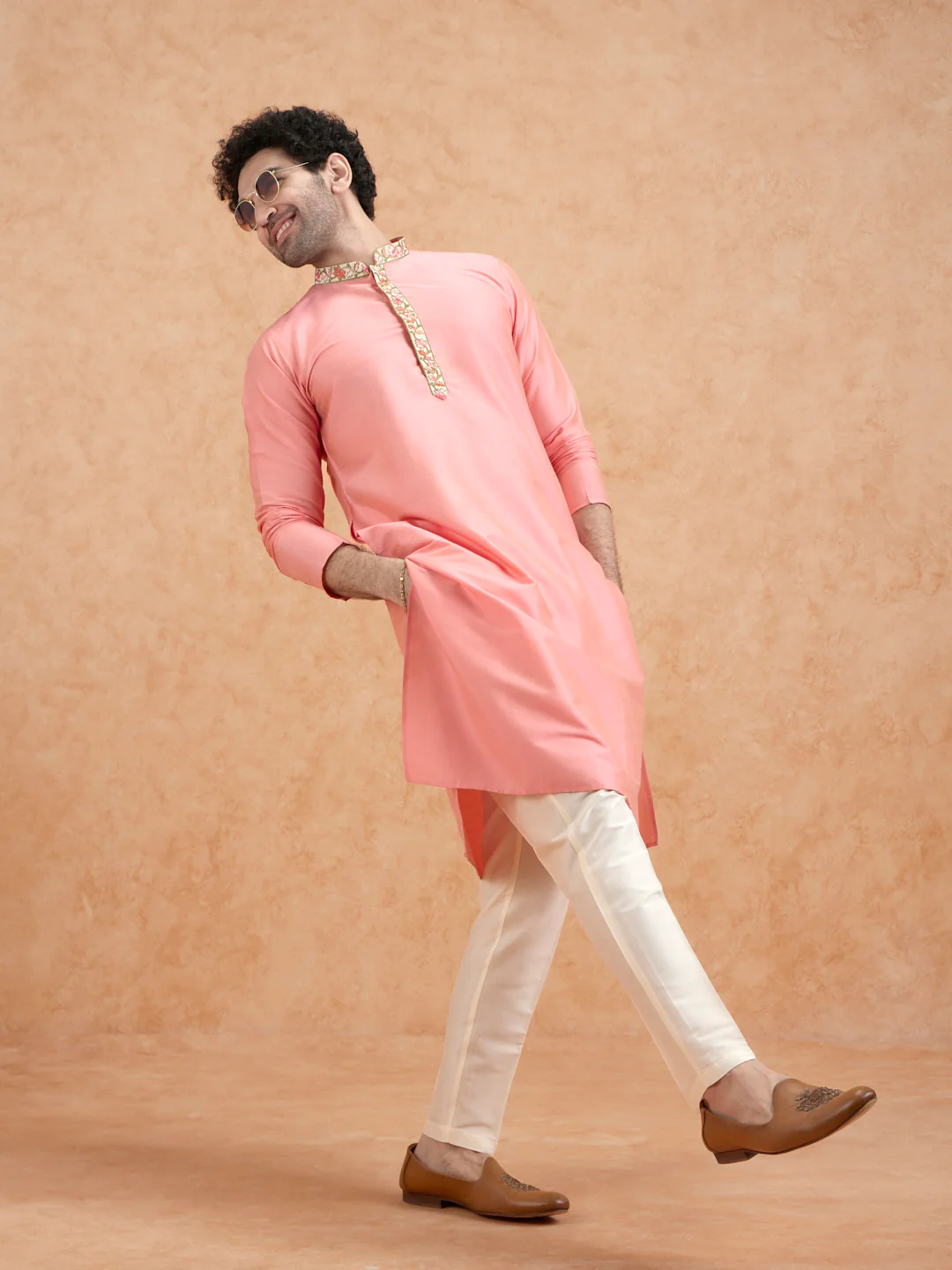 Pink Kurta with Embroidered Neckline - Image 3
