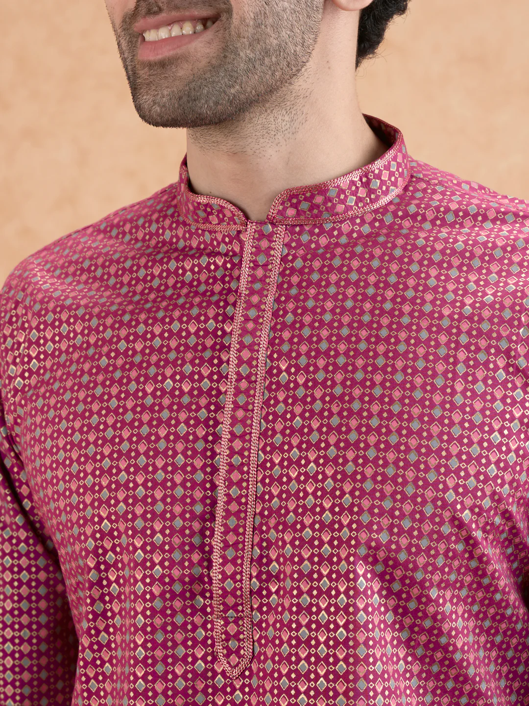 Magenta Silk Metallic Printed Long Kurta - Image 2
