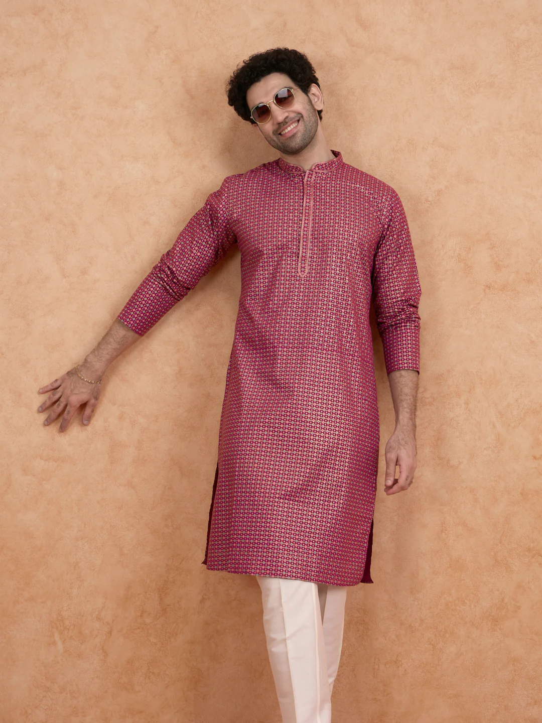 Magenta Silk Metallic Printed Long Kurta - Image 6
