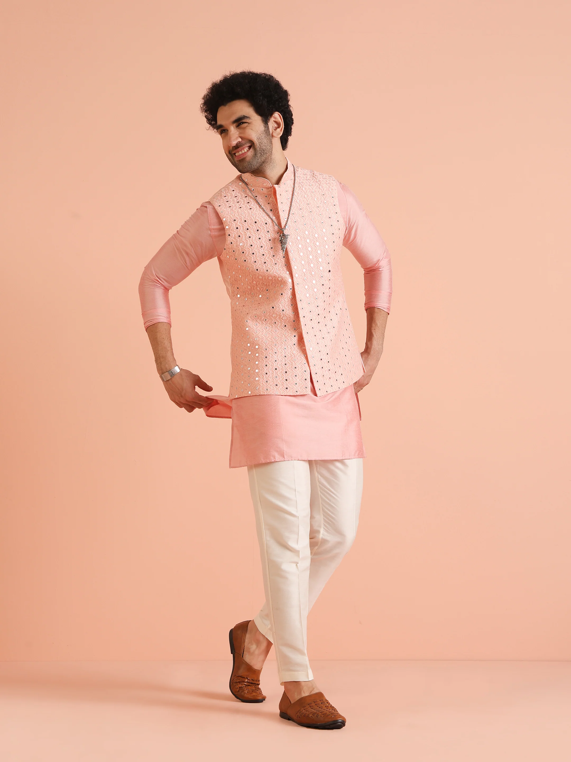 Peach Mirror Work Nehru Jacket - Image 2