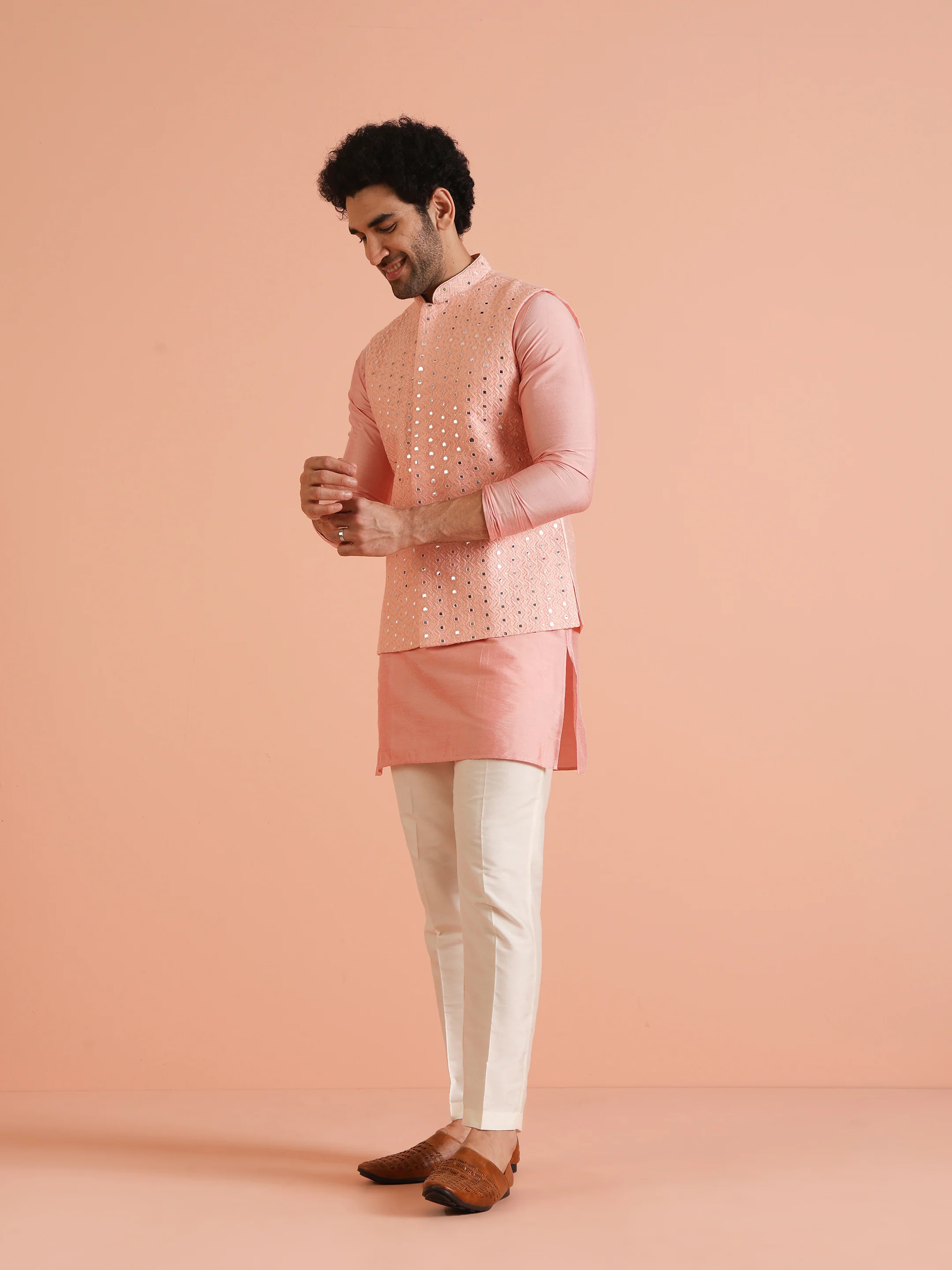 Peach Mirror Work Nehru Jacket - Image 4