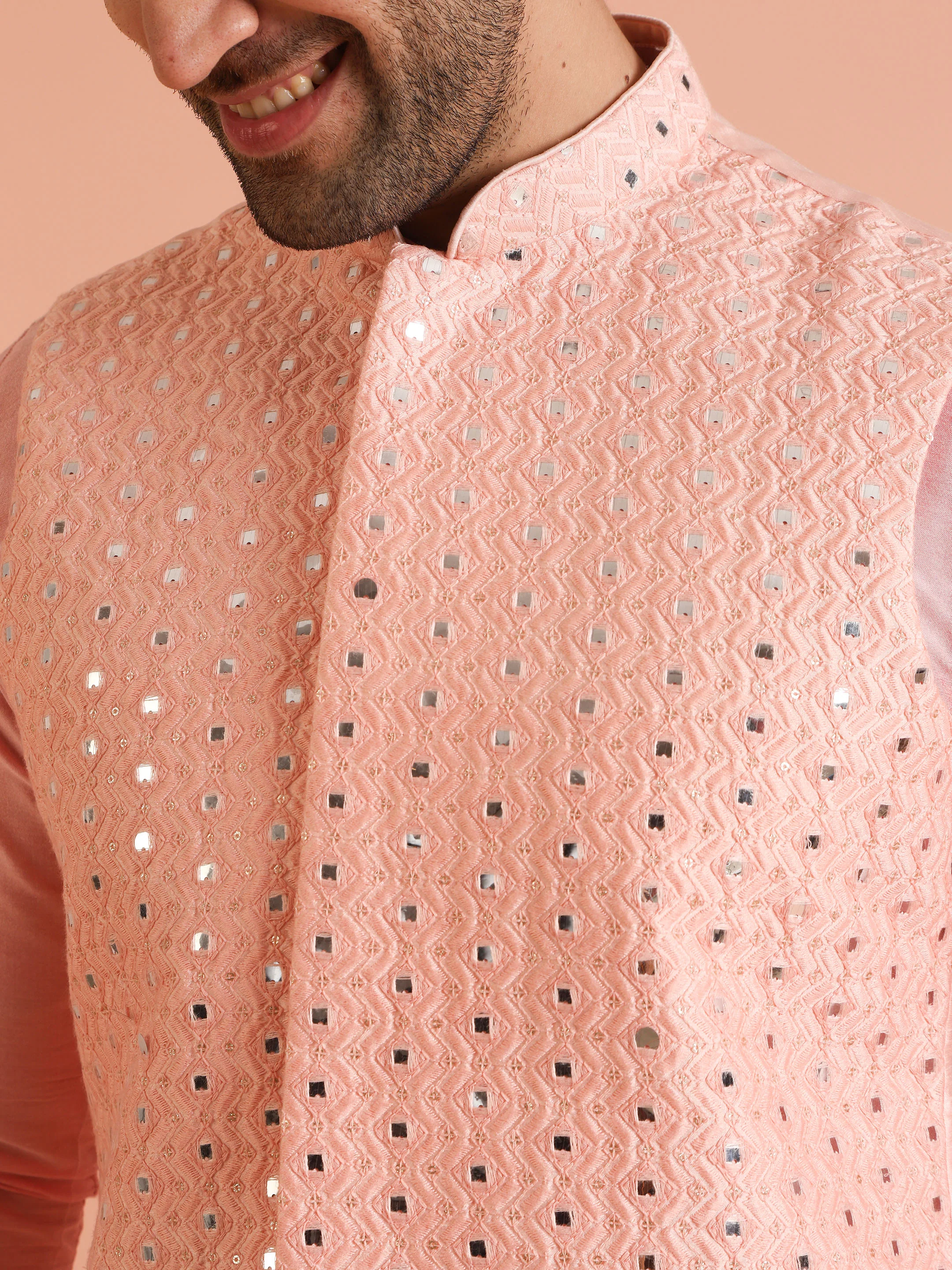 Peach Mirror Work Nehru Jacket - Image 6