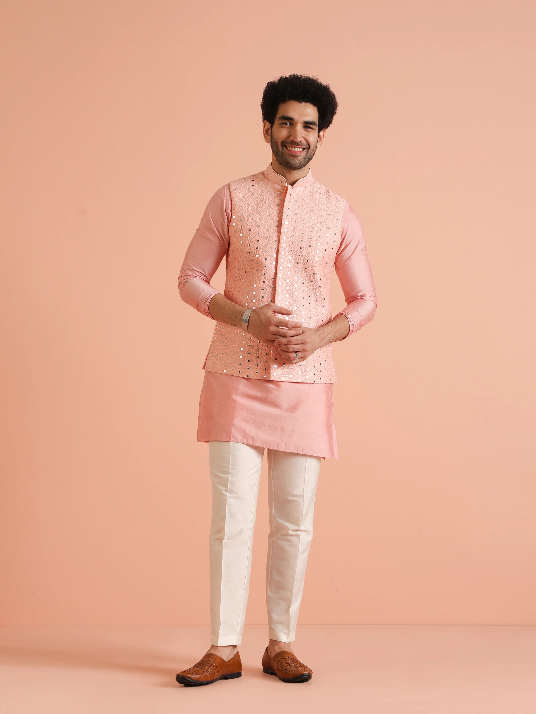 Peach Mirror Work Nehru Jacket - Image 7