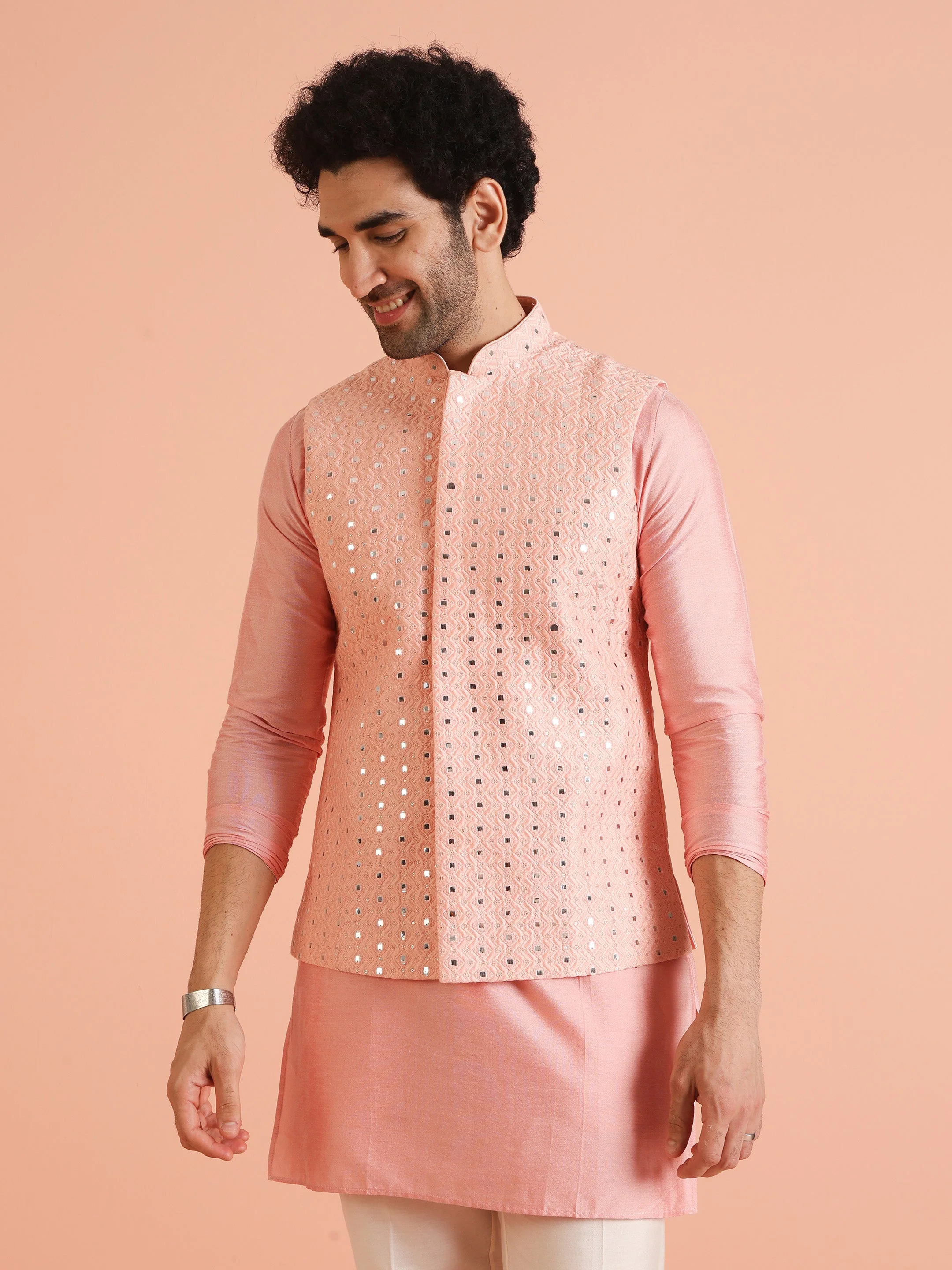 Peach Mirror Work Nehru Jacket - Image 8