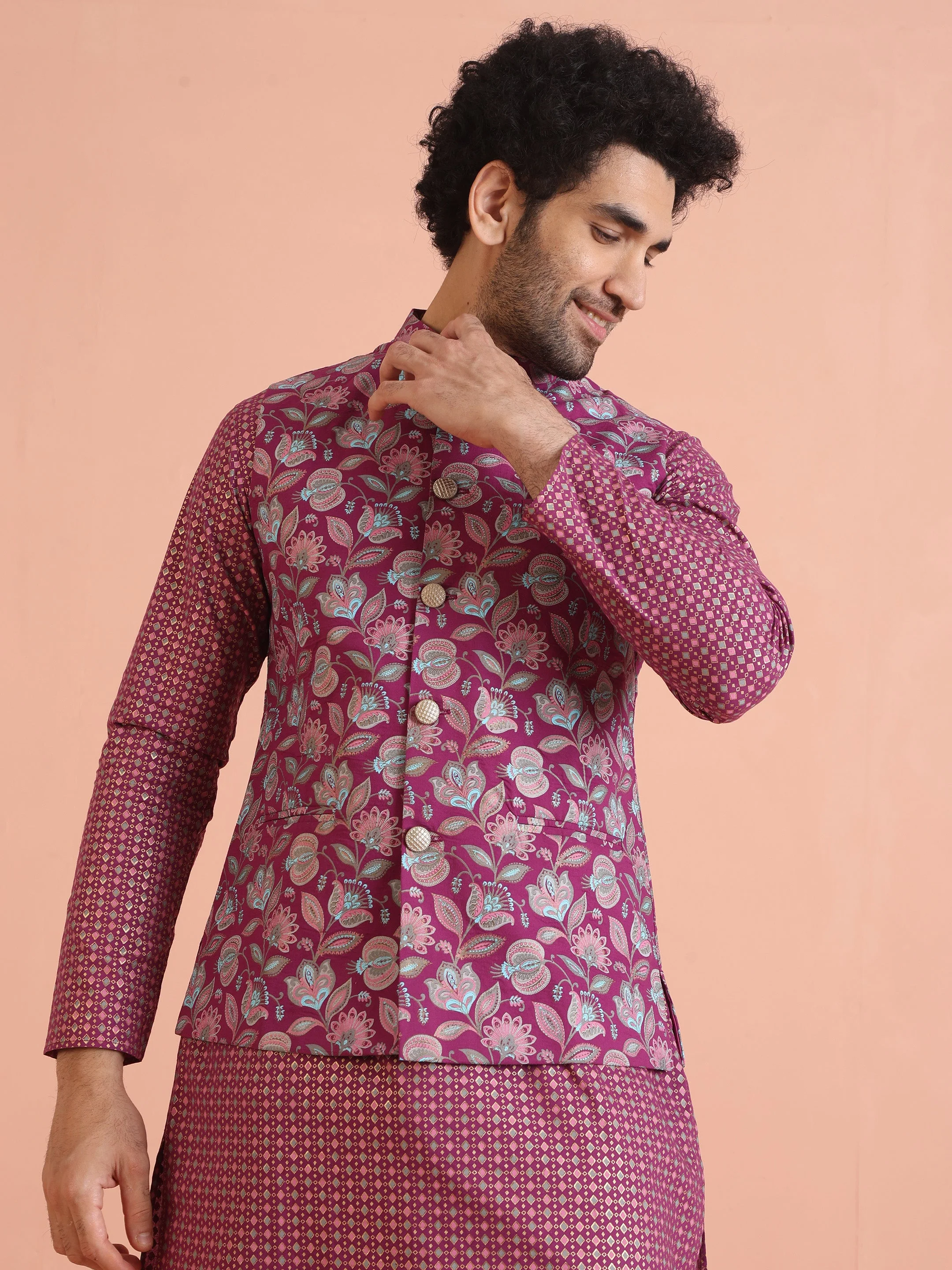 Pink Silk Blend Floral Jacquard Nehru Jacket - Image 14