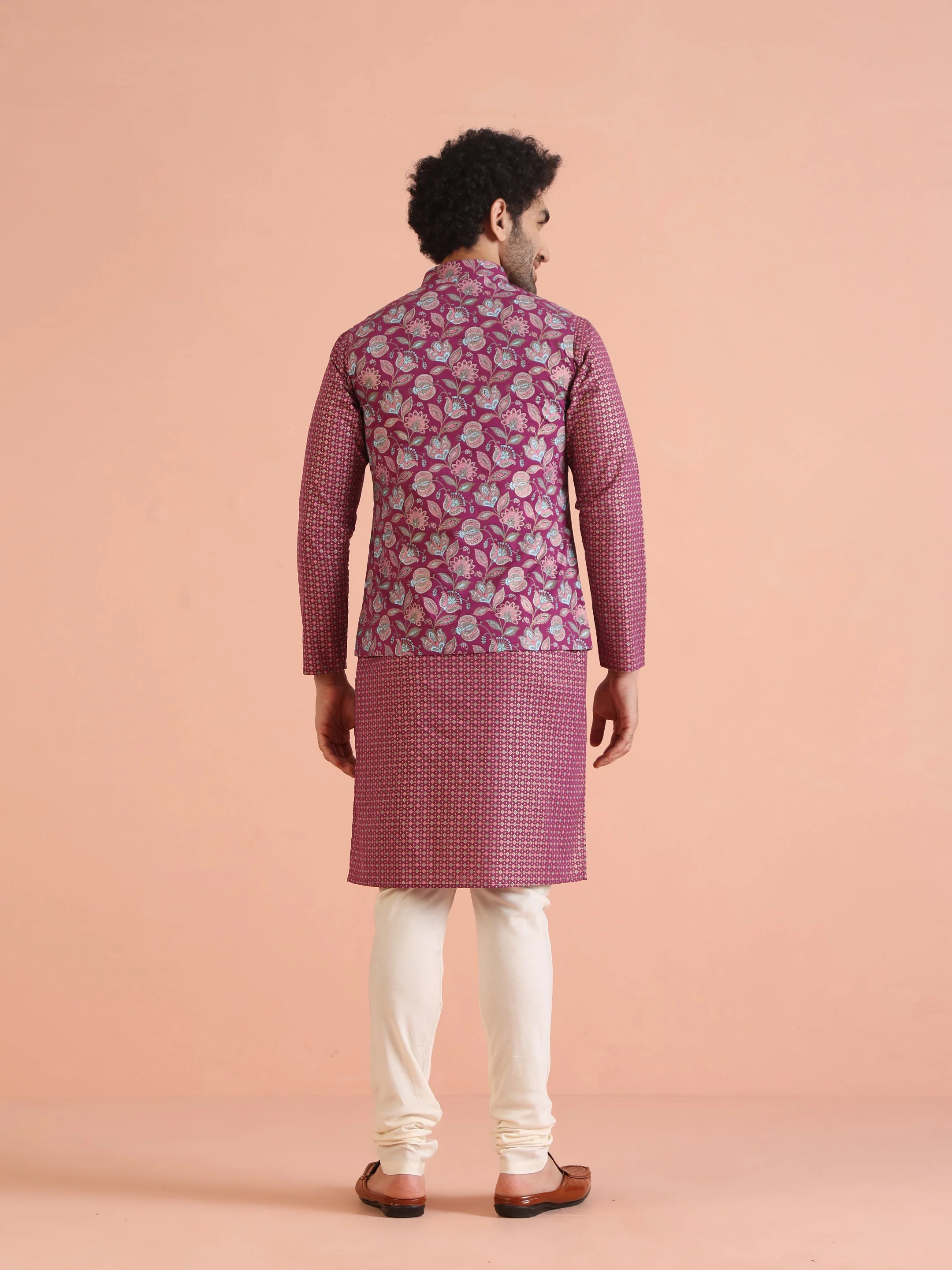 Pink Silk Blend Floral Jacquard Nehru Jacket - Image 17