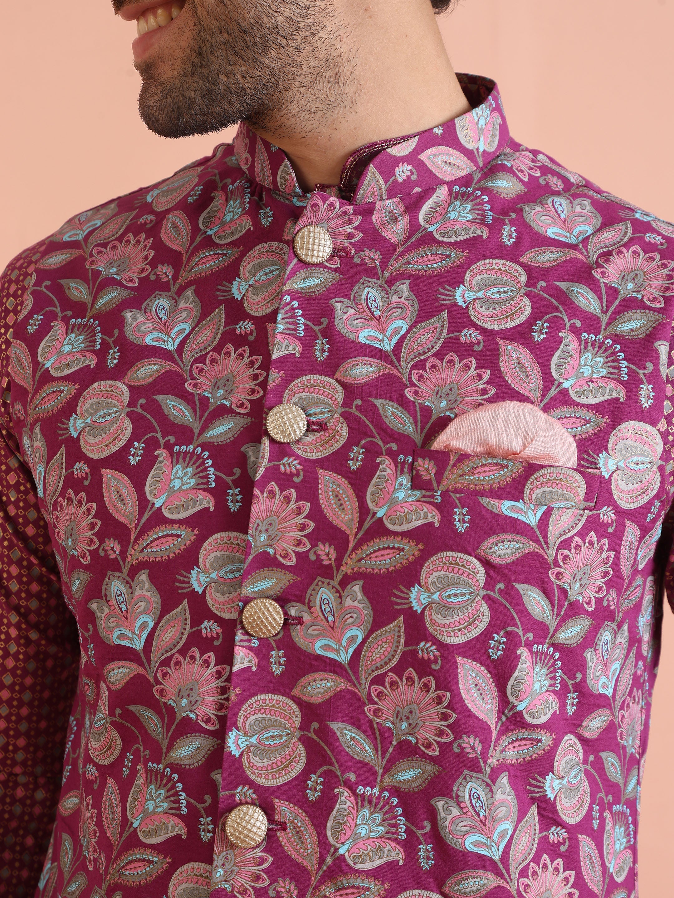 Pink Silk Blend Floral Jacquard Nehru Jacket - Image 18