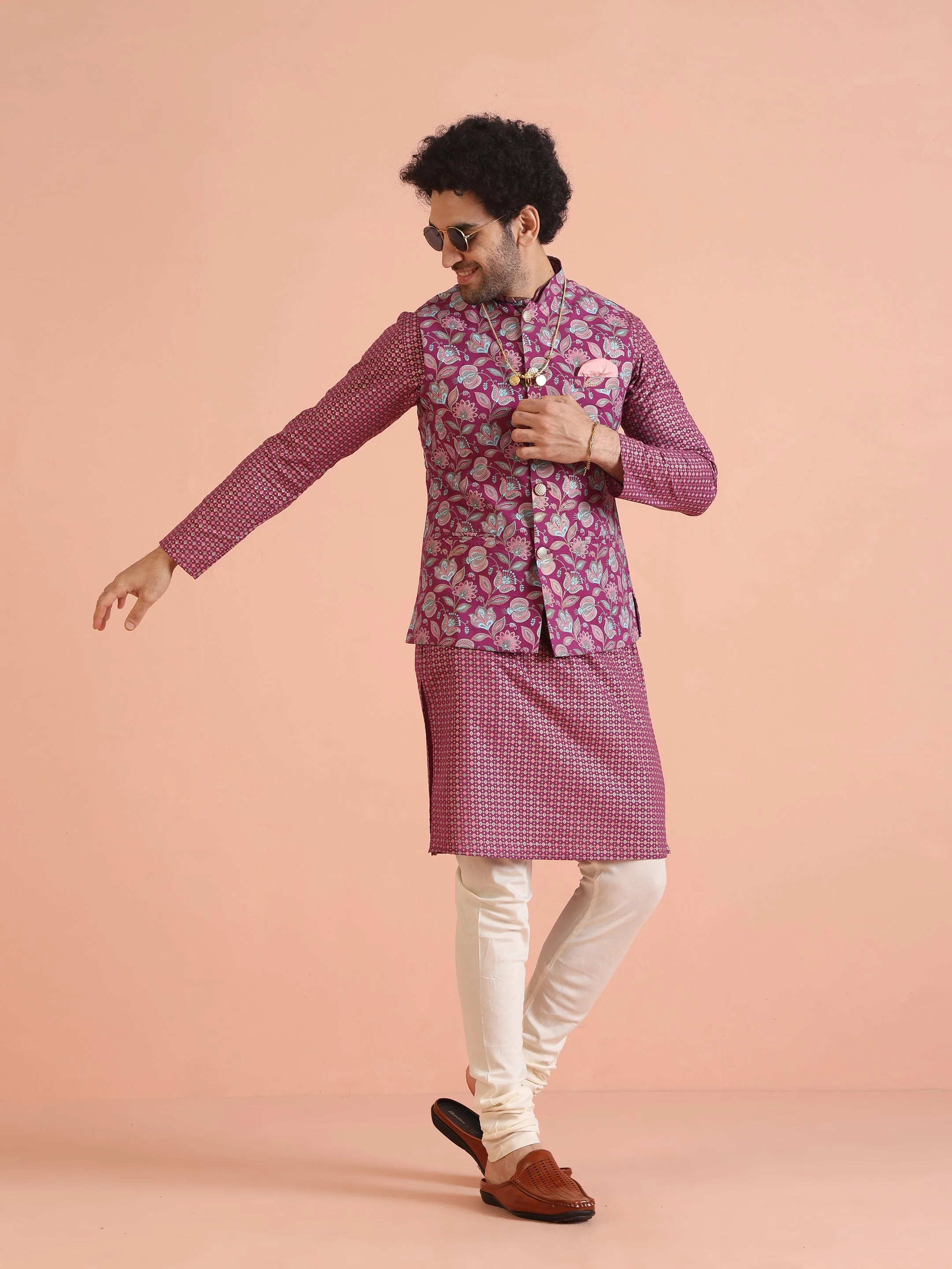 Pink Silk Blend Floral Jacquard Nehru Jacket - Image 19