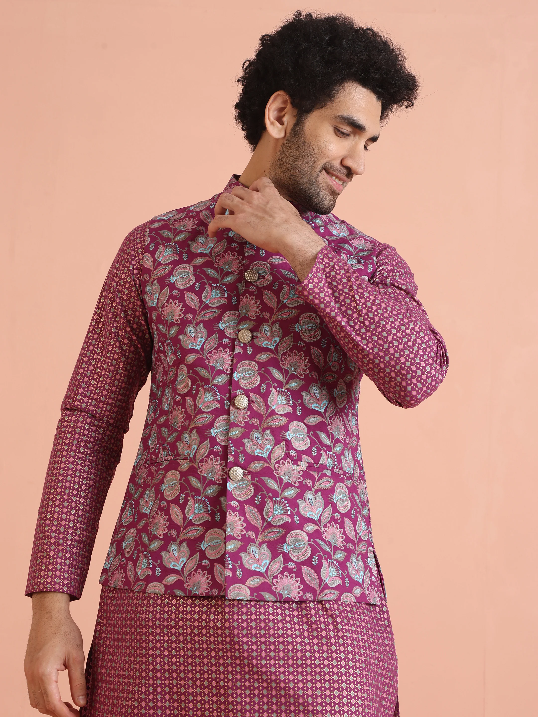 Pink Silk Blend Floral Jacquard Nehru Jacket - Image 2