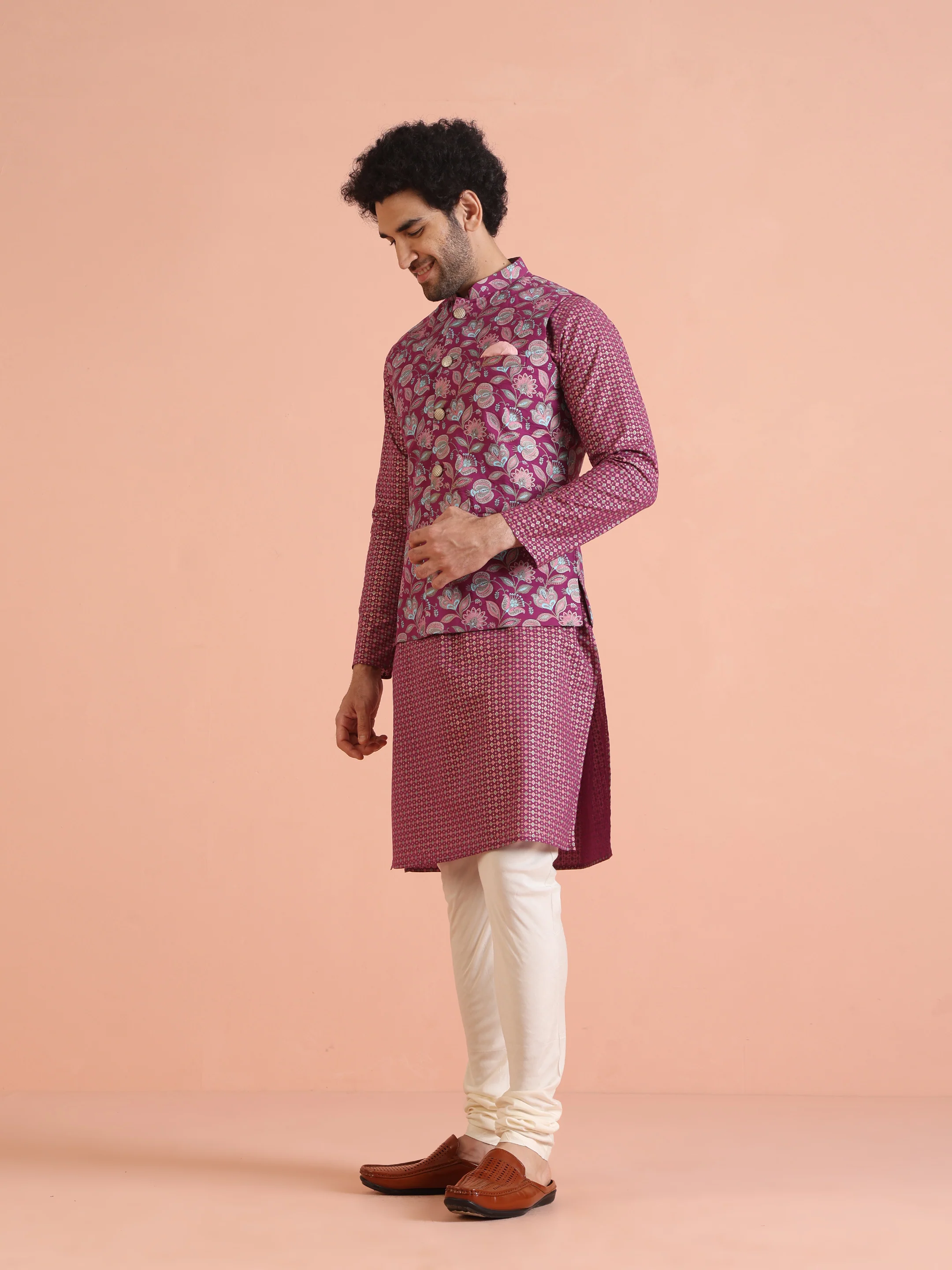 Pink Silk Blend Floral Jacquard Nehru Jacket - Image 4