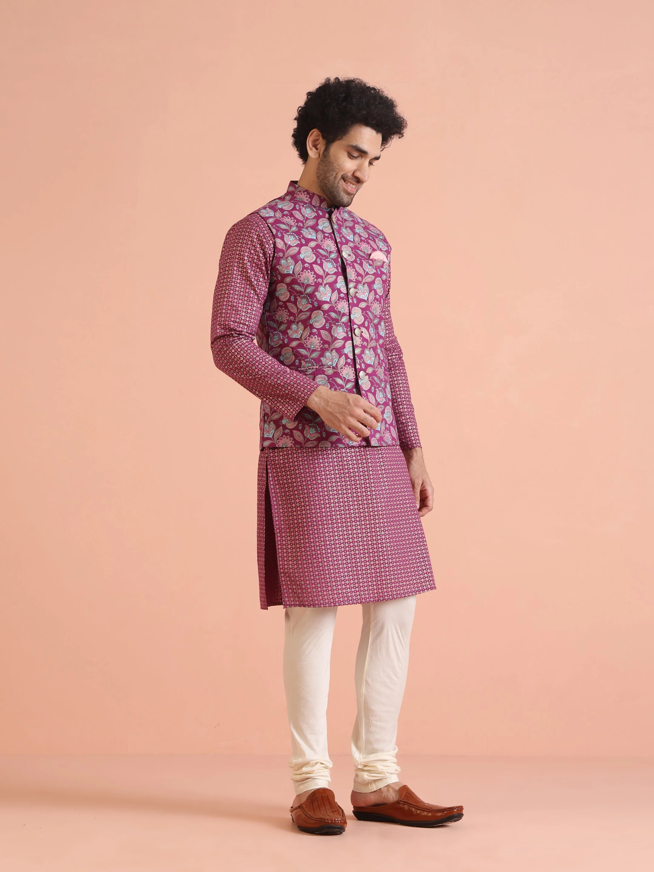 Pink Silk Blend Floral Jacquard Nehru Jacket - Image 9