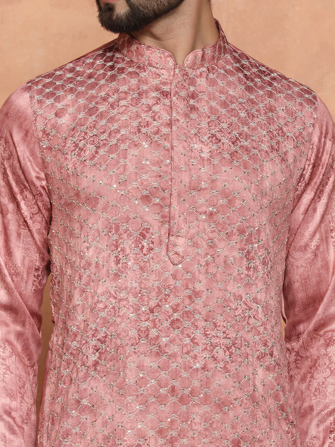 Pink Silk Blend Metallic Kurta Trouser Set - Image 5