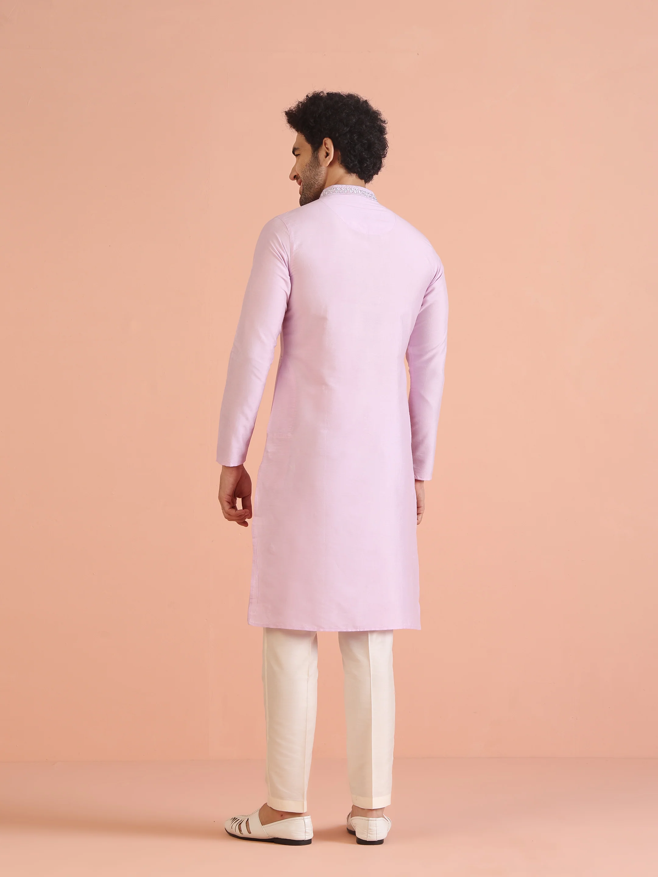 Light Pink Silk Blend Kurta with Embroidered Neckline and Cream Trousers - Image 5