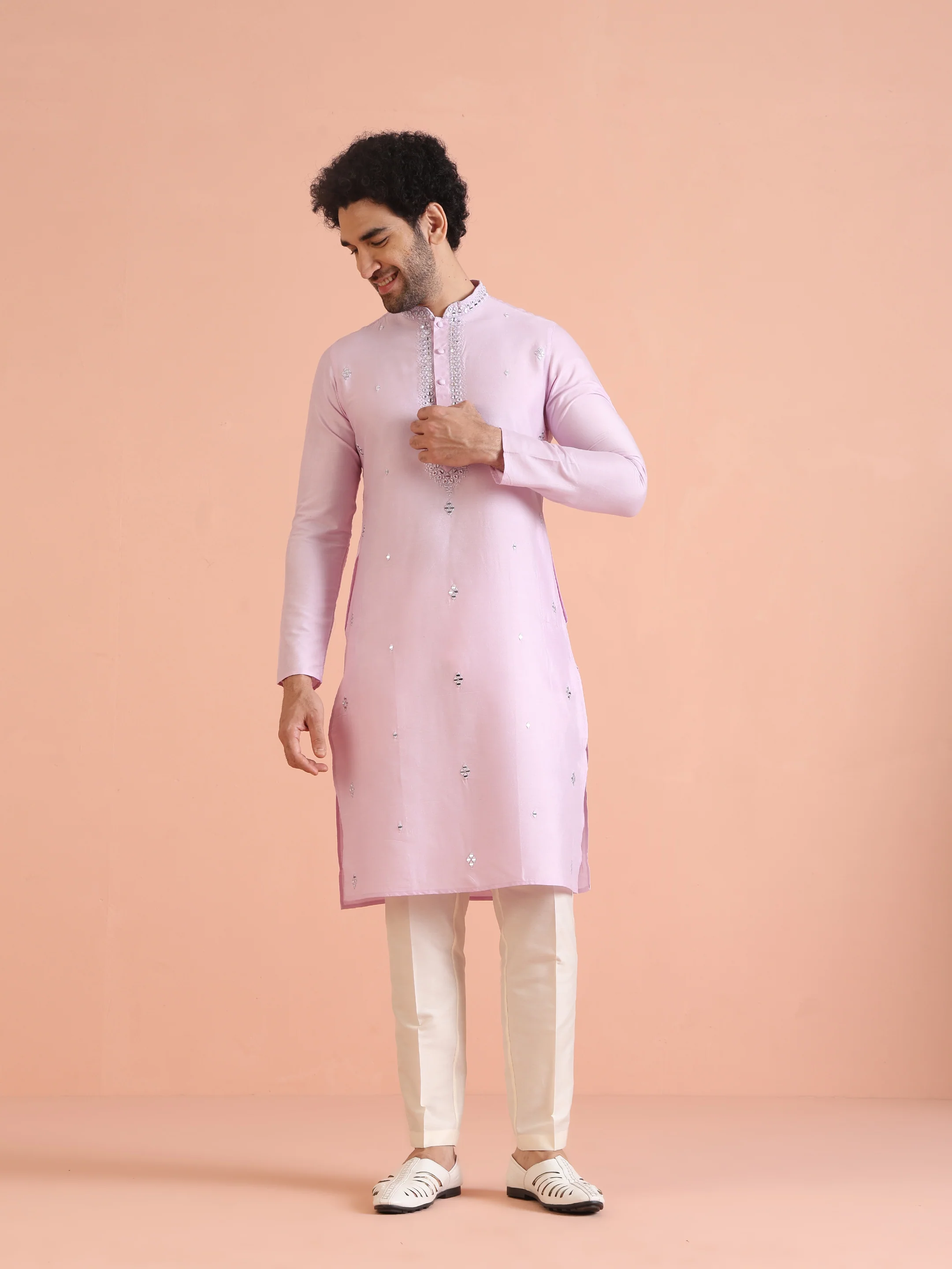 Light Pink Silk Blend Kurta with Embroidered Neckline and Cream Trousers - Image 8