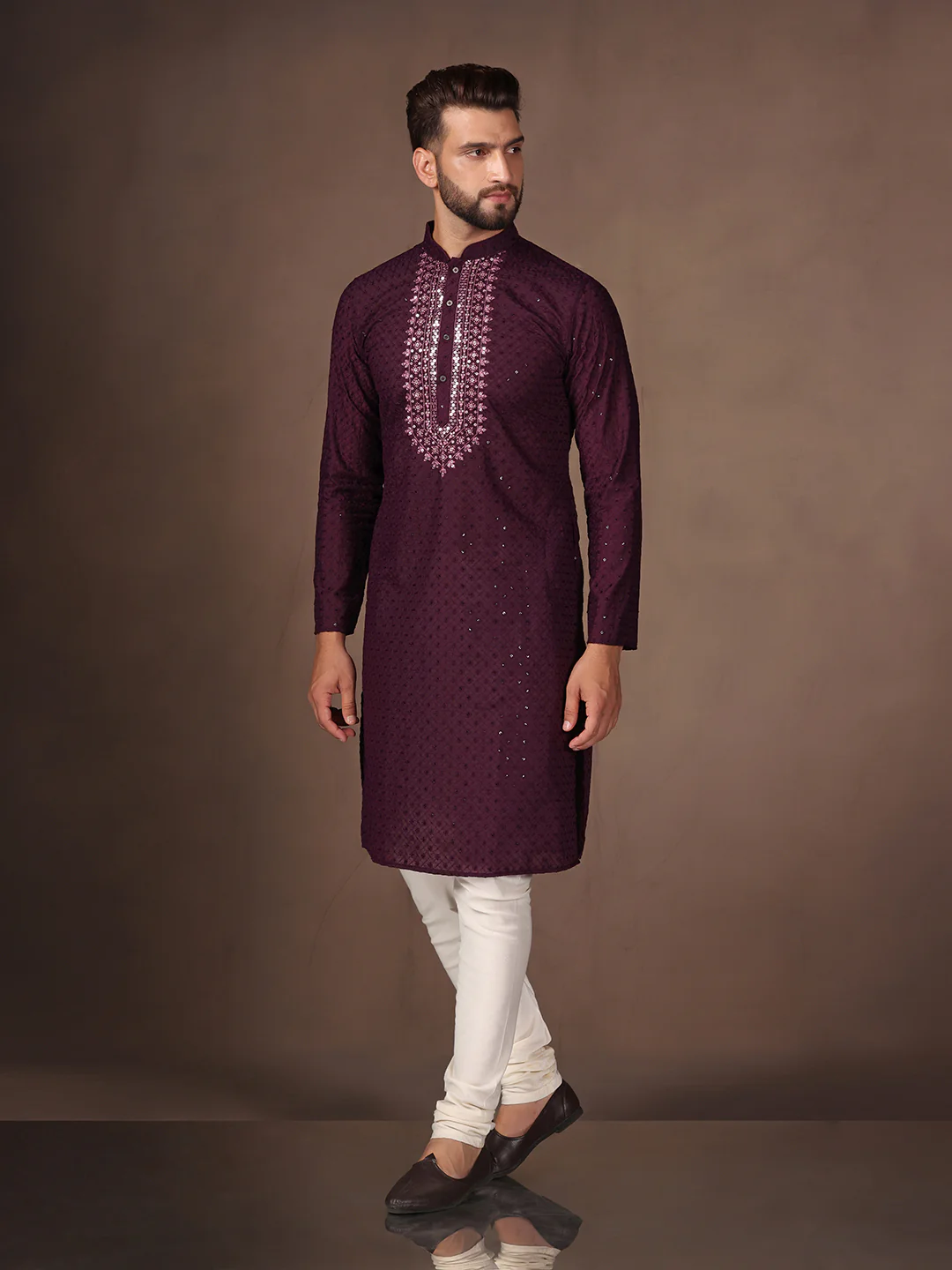Wine Embroidered Kurta Churidar Set - Image 3
