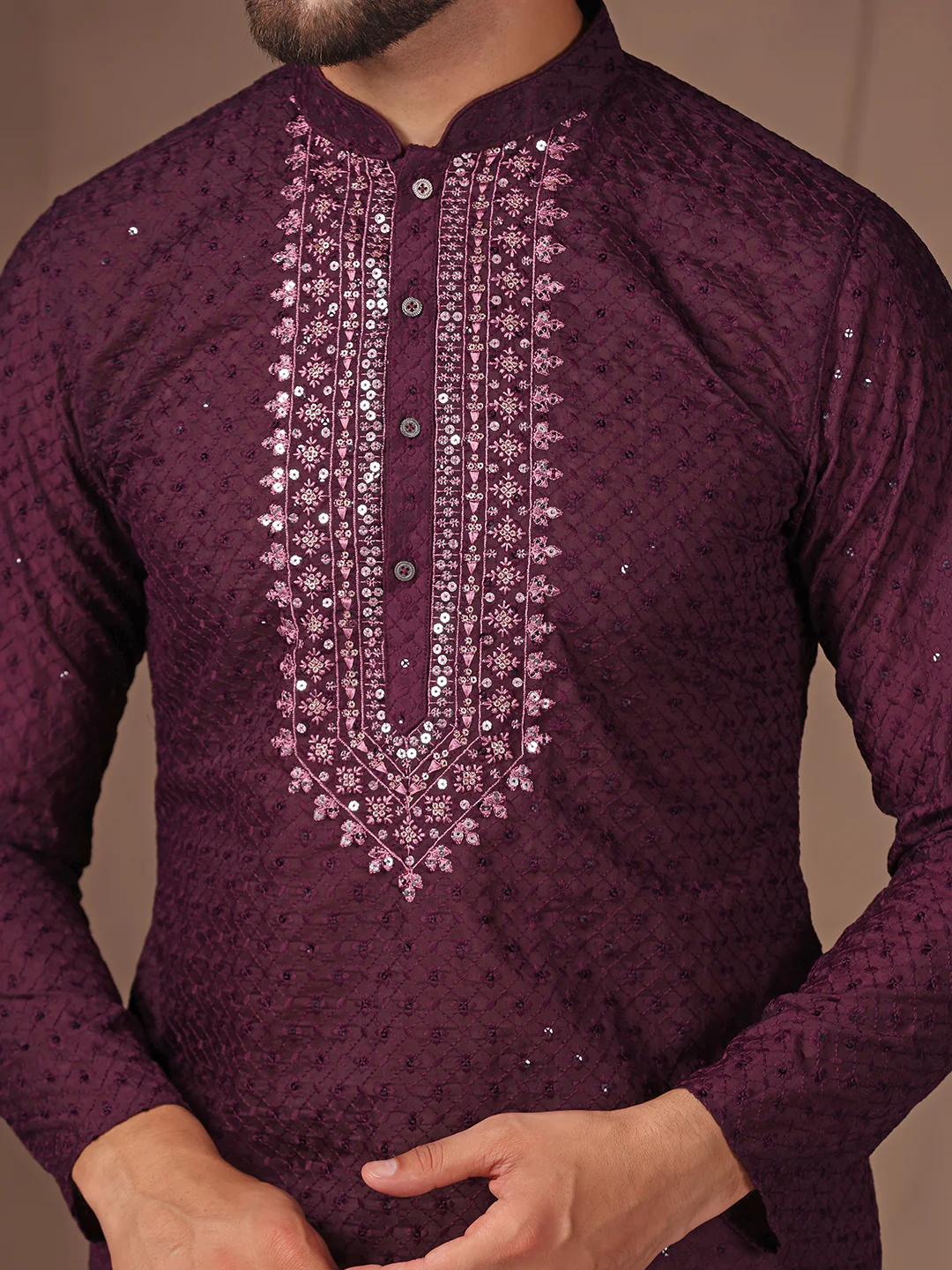 Wine Embroidered Kurta Churidar Set - Image 5
