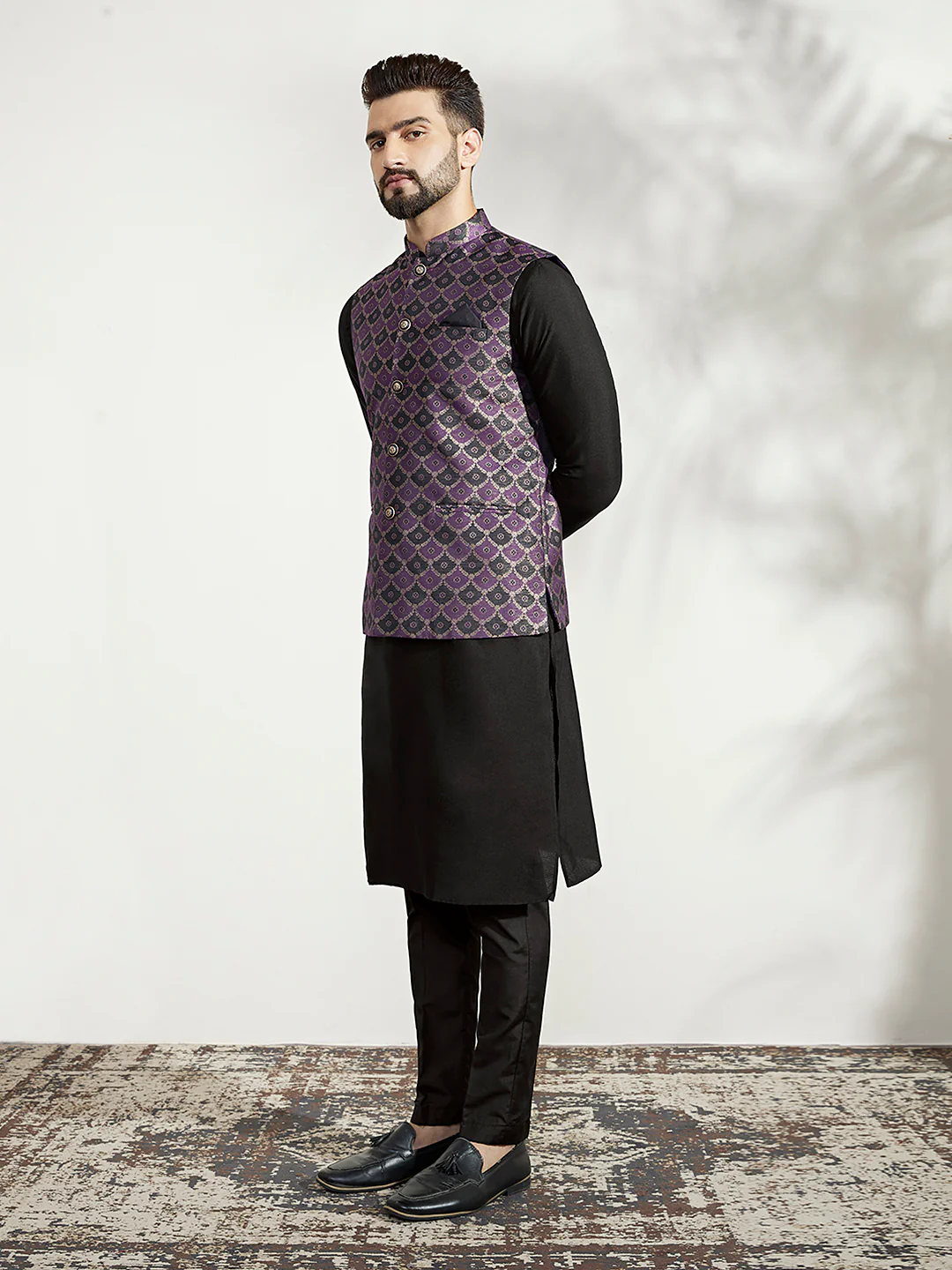 Black Silk Blend Purple Textured Nehru Jacket Kurta Set - Image 3