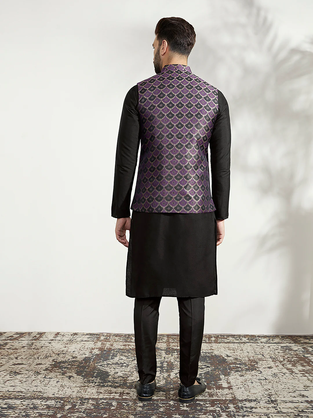 Black Silk Blend Purple Textured Nehru Jacket Kurta Set - Image 4