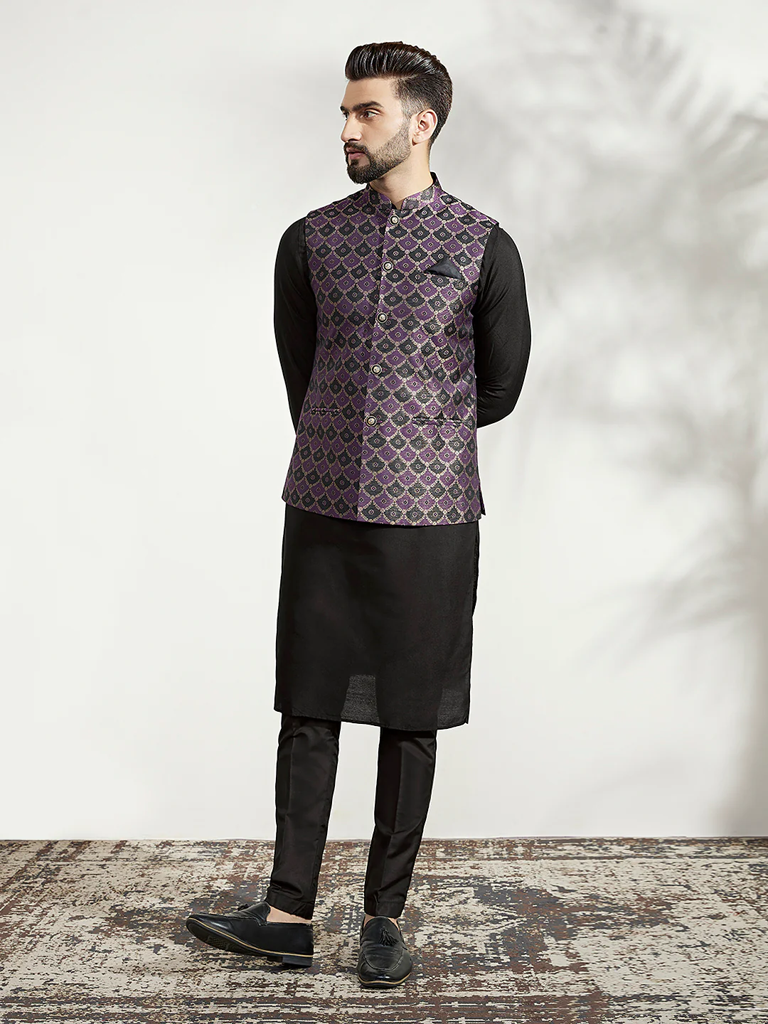 Black Silk Blend Purple Textured Nehru Jacket Kurta Set - Image 8