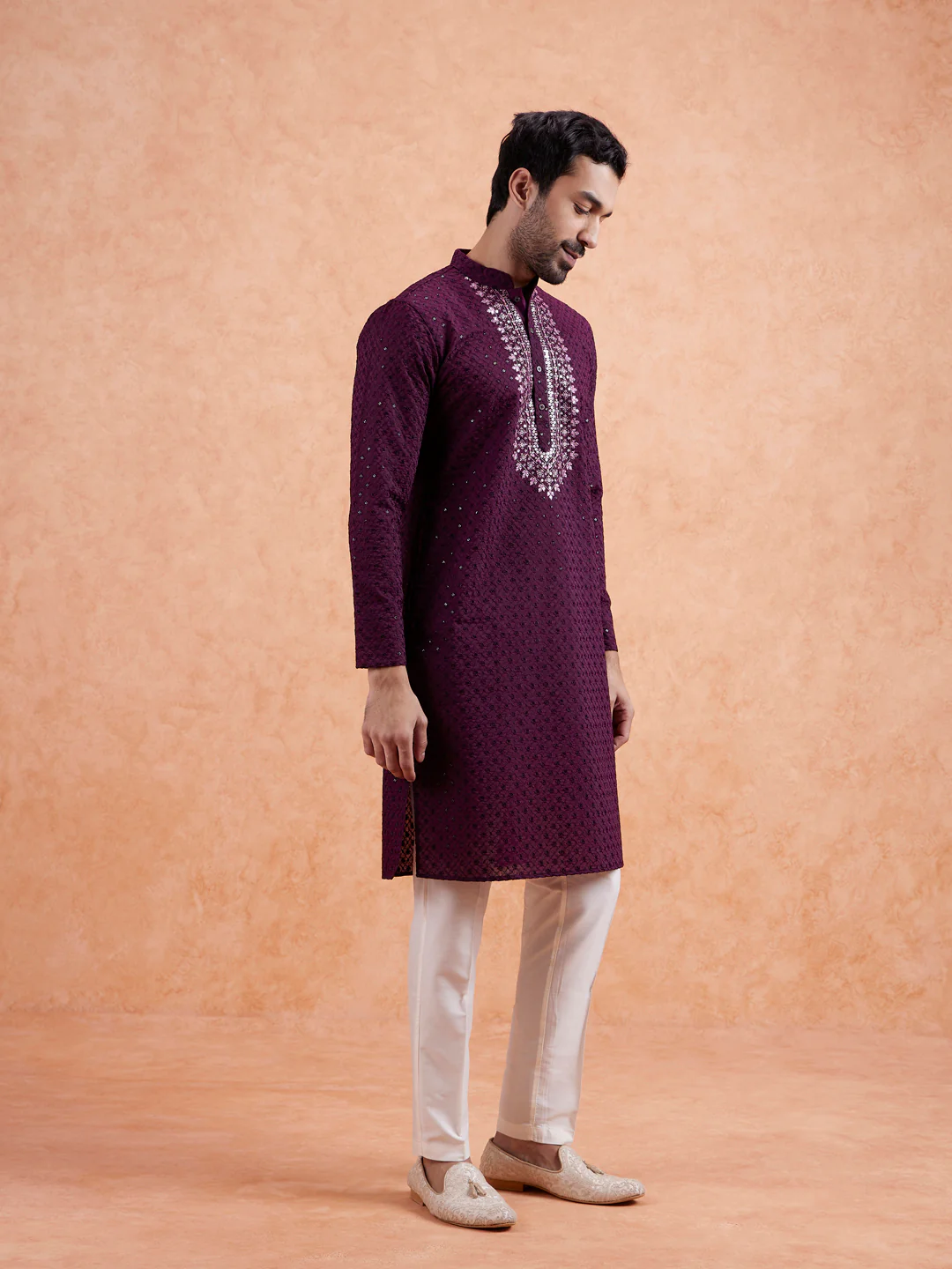 Wine Embroidered Silk Blend Kurta - Image 4